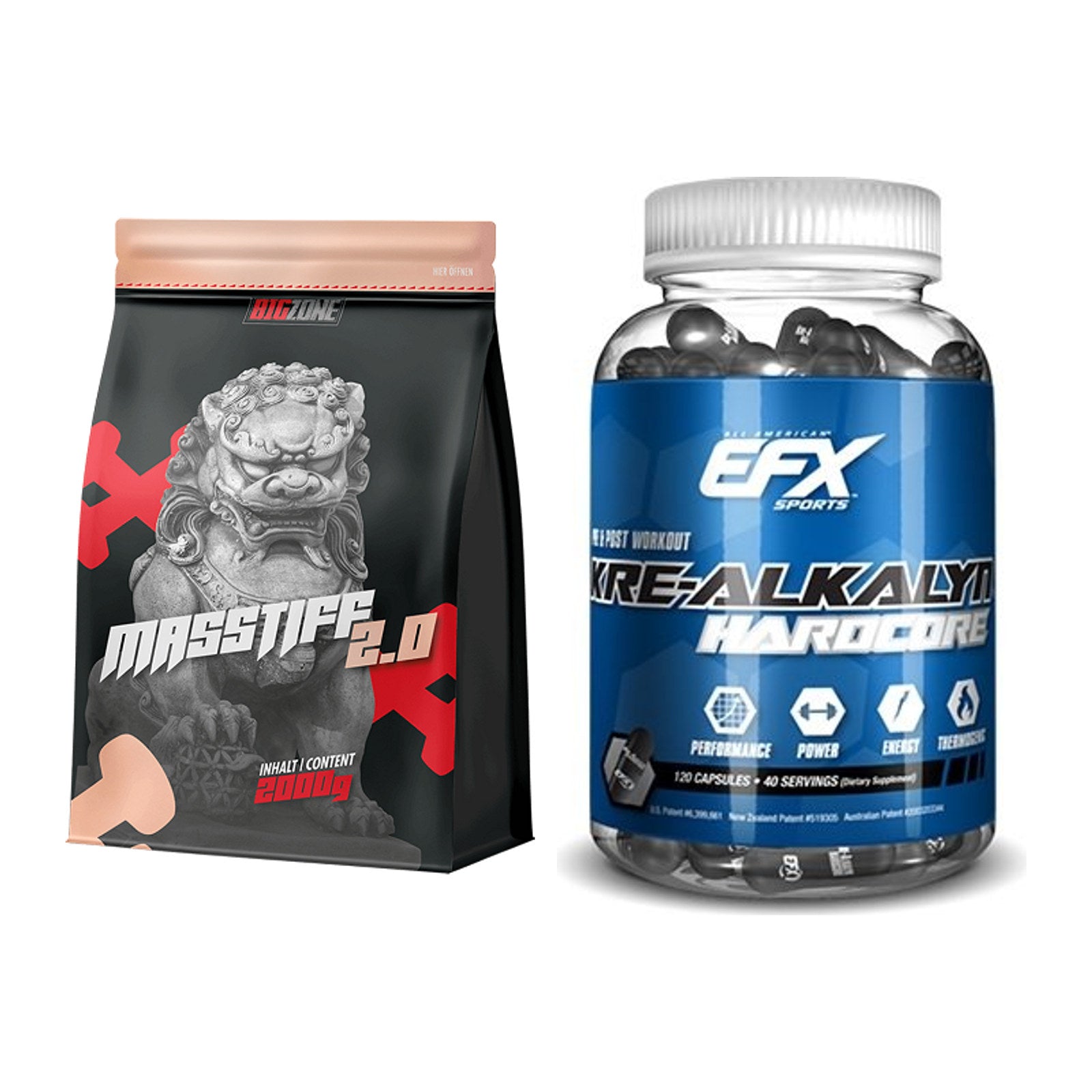 Masseaufbau-Set: Big Zone Masstiff 2.0 + EFX Kre-Alkalyn Hardcore – alle enthaltenen Artikel