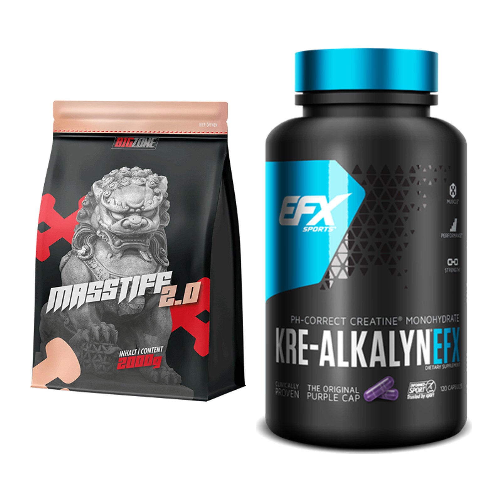 Masseaufbau-Set: Big Zone Masstiff 2.0 + EFX Kre-Alkalyn – alle enthaltenen Artikel