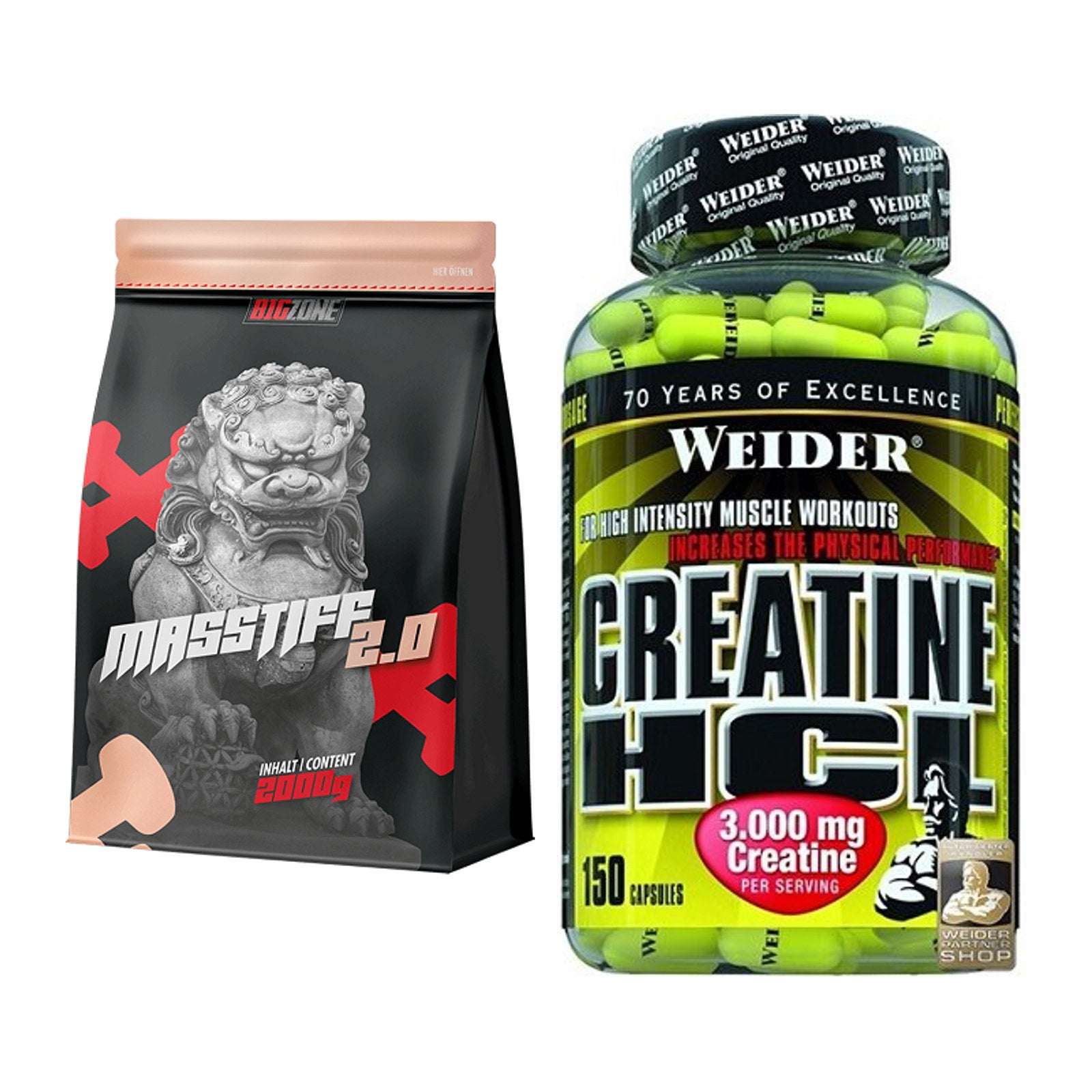 Masseaufbau-Set: Big Zone Masstiff 2.0 + Weider Creatin HCL – alle enthaltenen Artikel