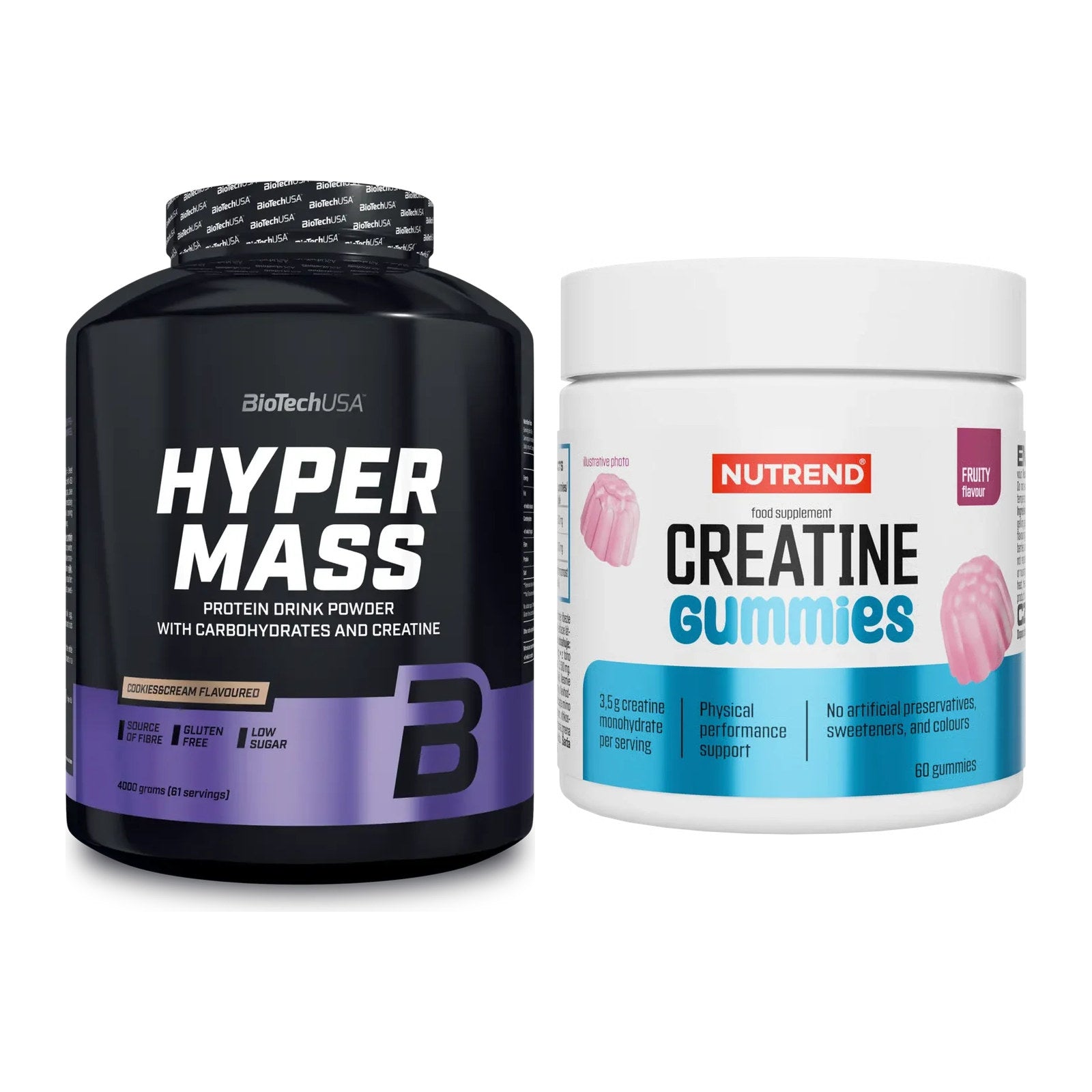 Masseaufbau-Set: BioTech Hyper Mass 4000g + Nutrend Creatine Gummies – alle enthaltenen Artikel
