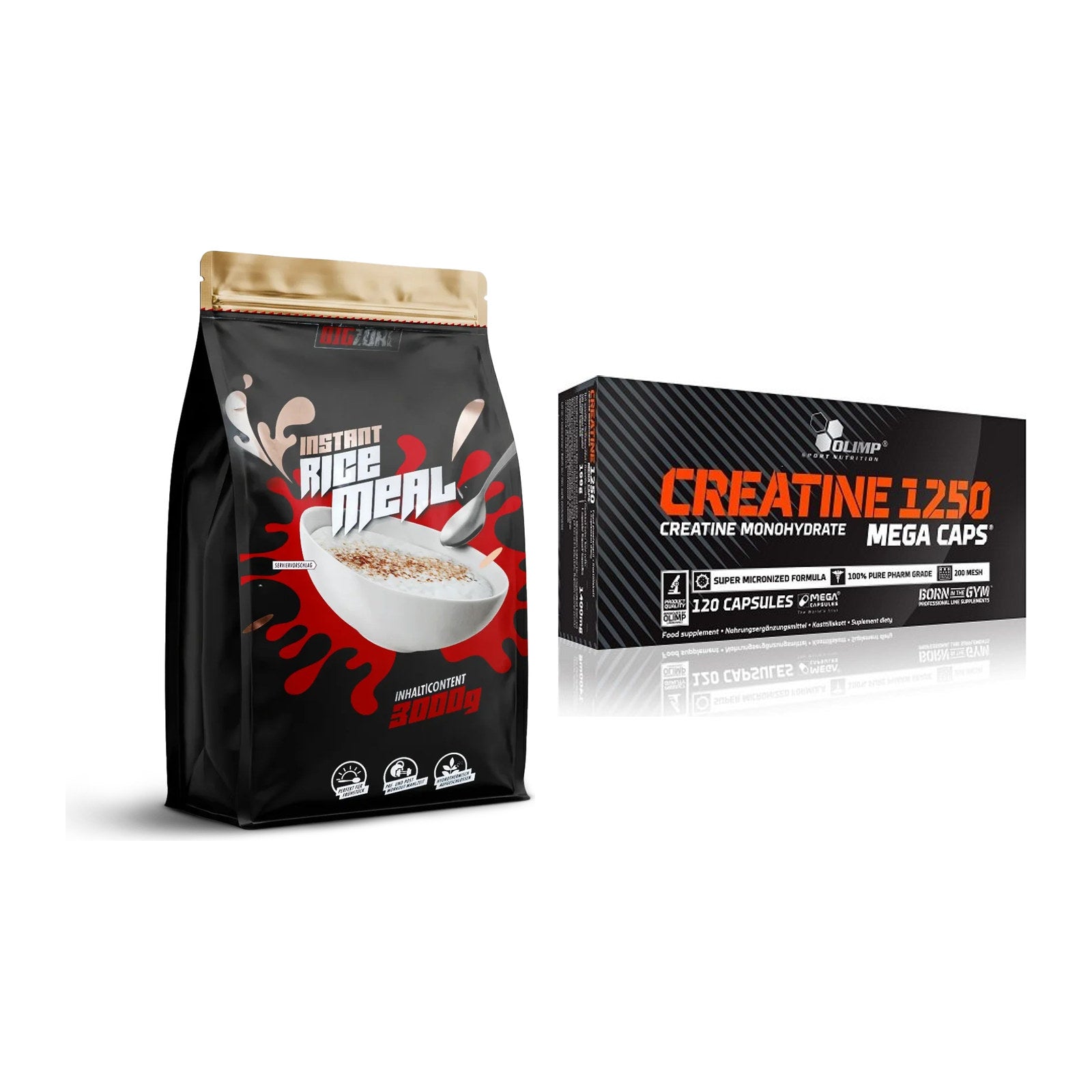Masseaufbau-Set: Big Zone Rice Meal 3000g + Olimp Creatine Mega Caps – alle enthaltenen Artikel