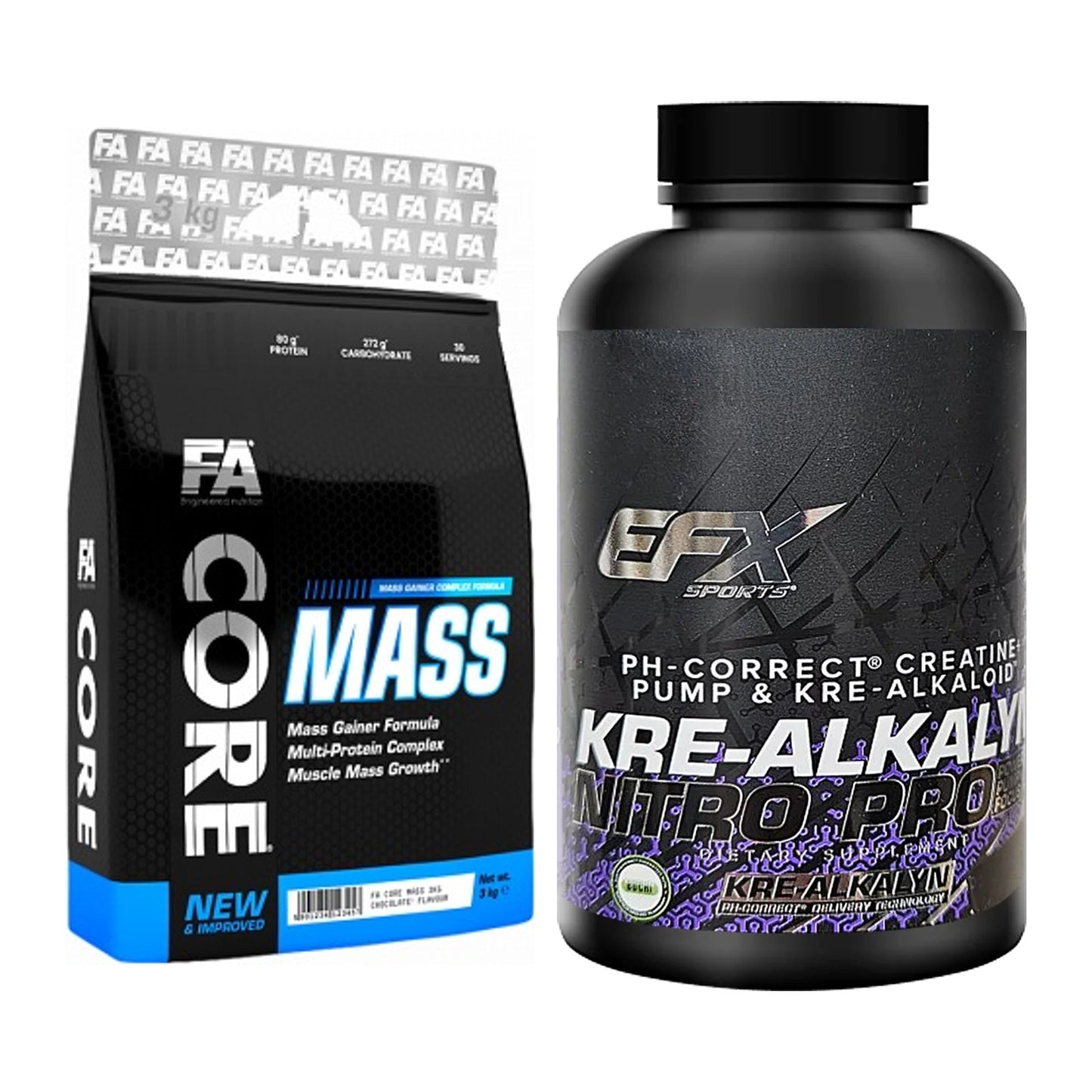 Masseaufbau-Set: FA Nutrition Core Mass + EFX Kre-Alkalyn PRO 120 – alle enthaltenen Artikel