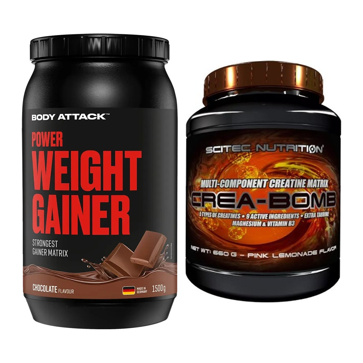 Masseaufbau-Set: Body Attack Power Weight Gainer + Scitec Crea-Bomb – alle enthaltenen Artikel
