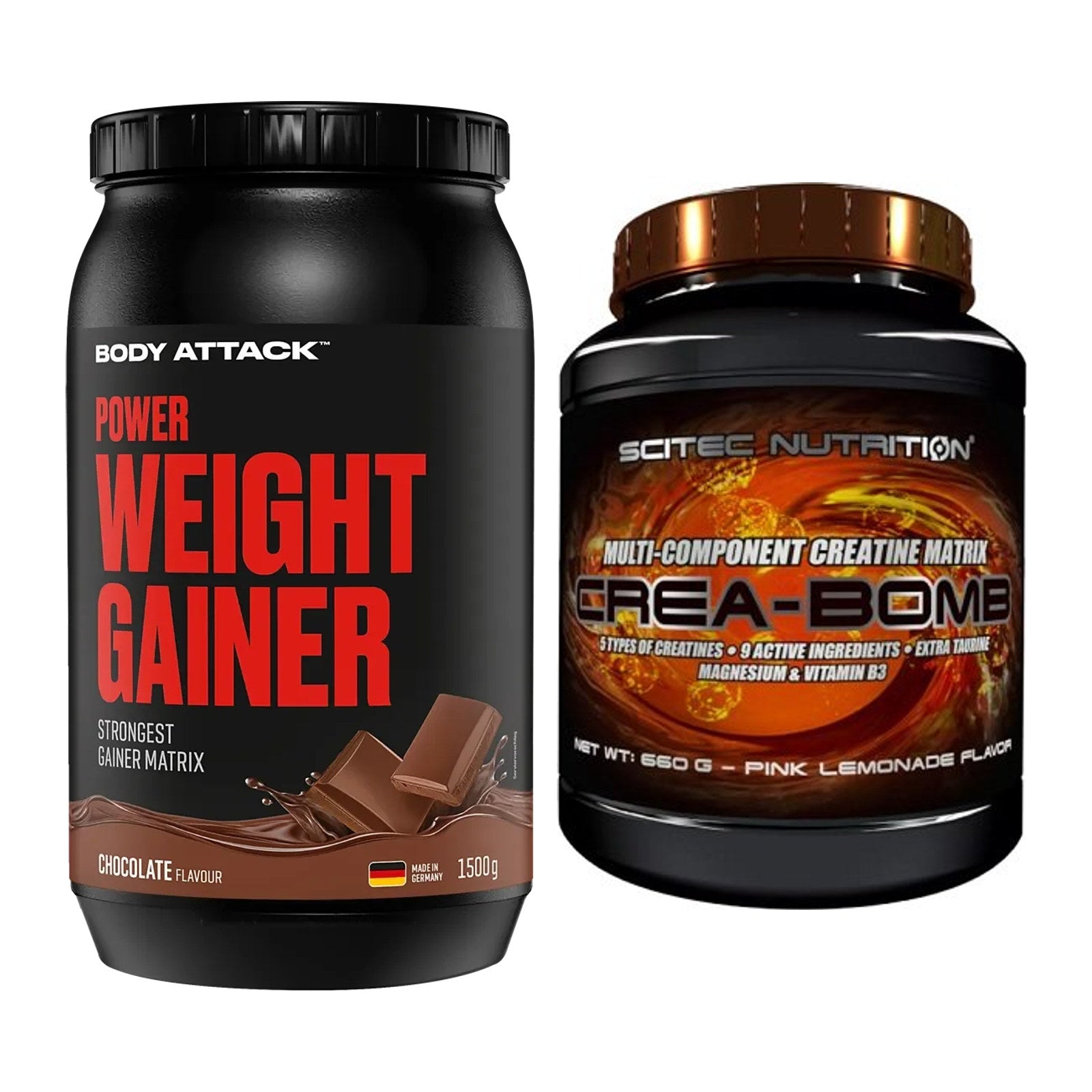 Masseaufbau-Set: Body Attack Power Weight Gainer + Scitec Crea-Bomb – alle enthaltenen Artikel