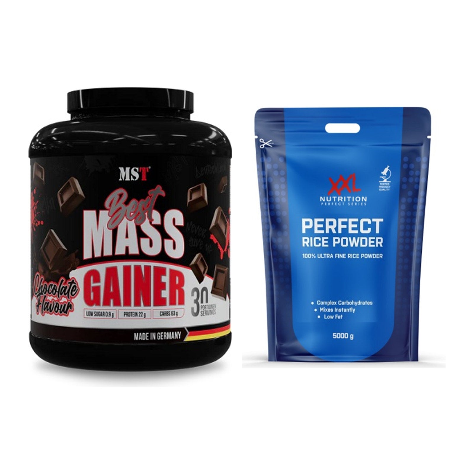 Masse-Duo: MST Best Mass Gainer + XXL Nutrition Perfect Rice Powder – alle enthaltenen Artikel