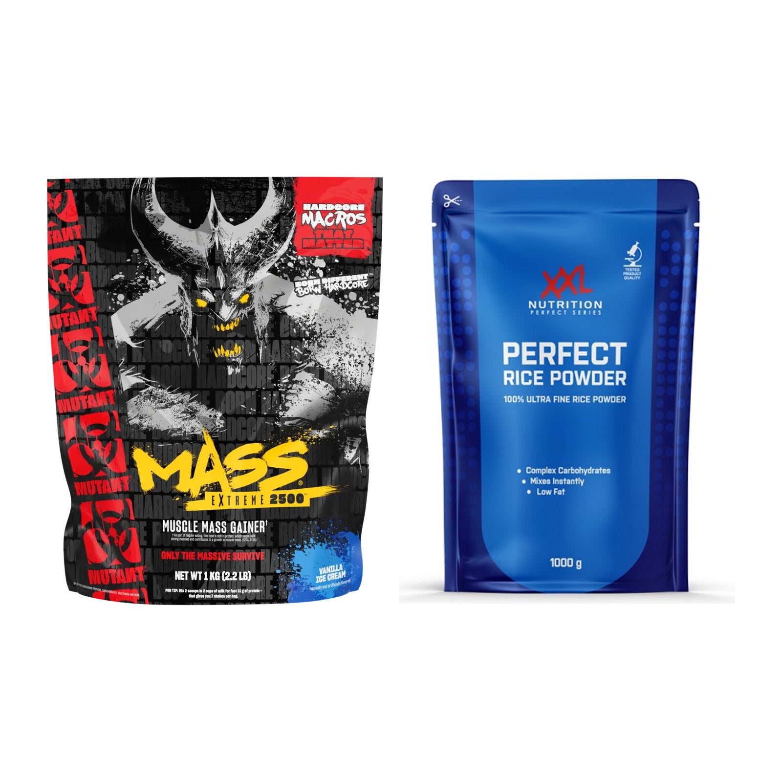 Masse-Duo: Mutant Mass EXTREME 2500 + XXL Nutrition Perfect Rice – alle enthaltenen Artikel