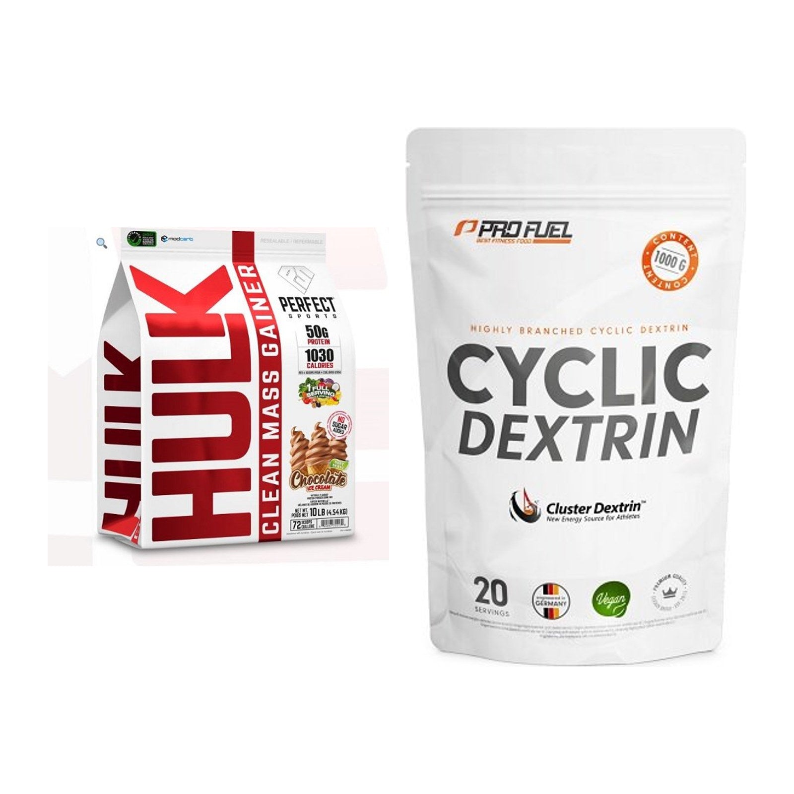 Masse-Duo: Perfect Sports Hulk Clean + ProFuel Cyclic Dextrin – alle enthaltenen Artikel