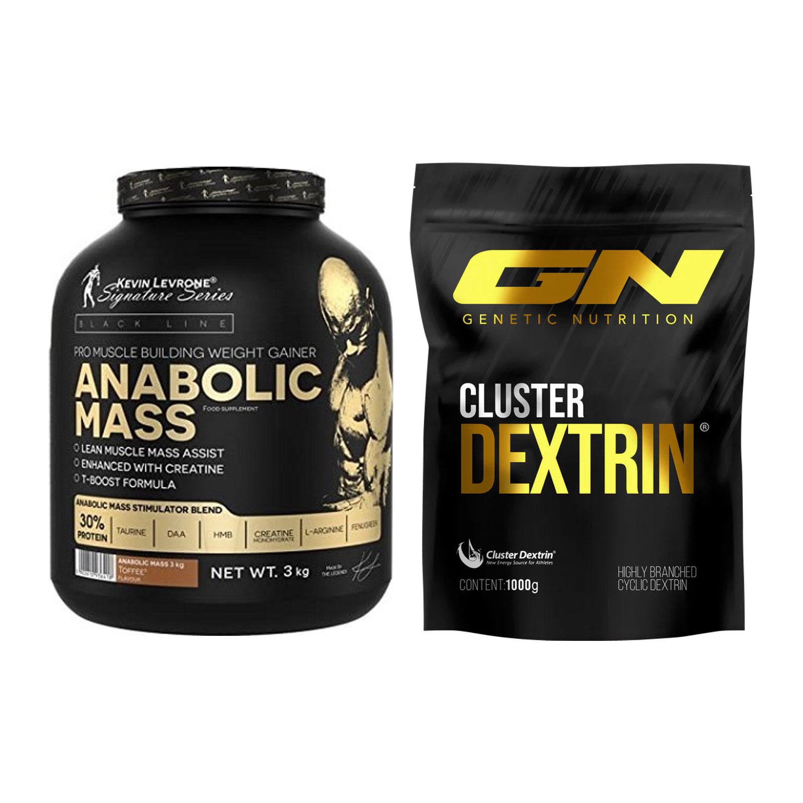 Masse-Duo: Kevin Levrone Anabolic Mass 3kg + GN Cluster Dextrin – alle enthaltenen Artikel