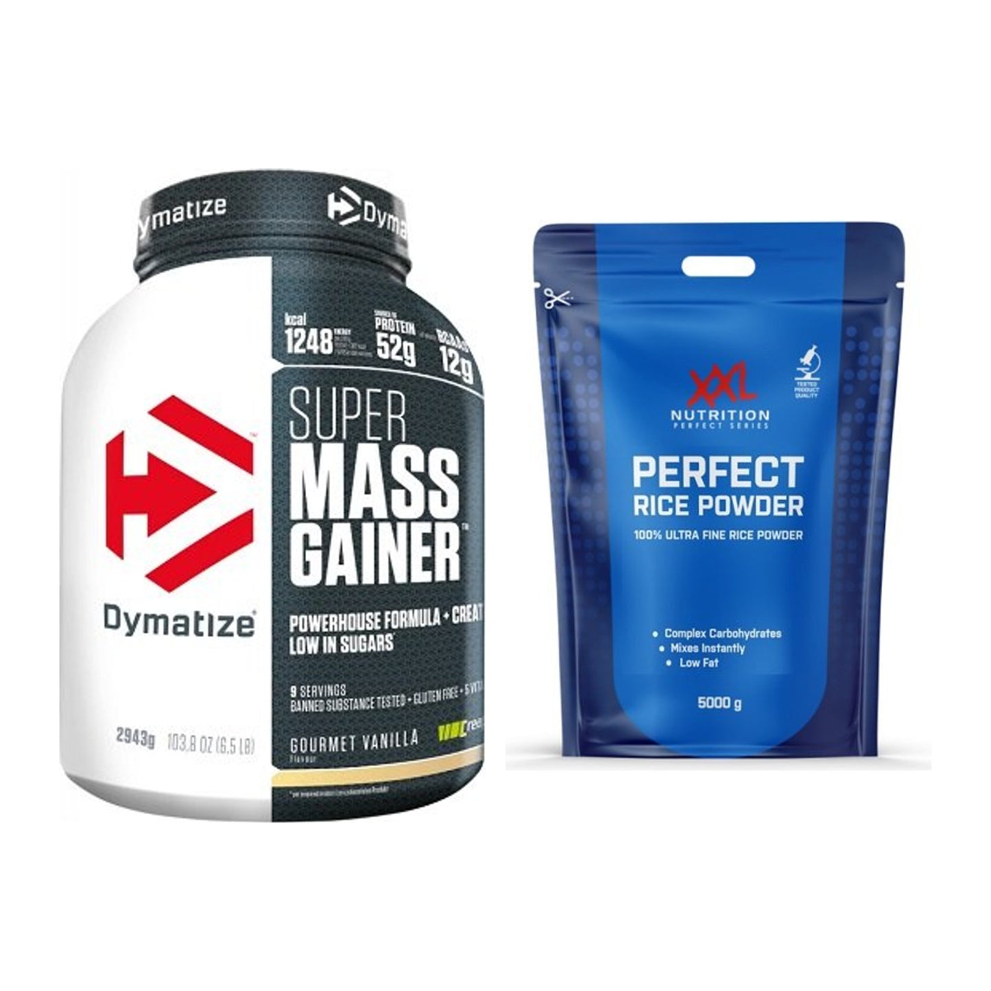 Masse-Duo: Dymatize Super Mass Gainer + XXL Nutrition Perfect Rice – alle enthaltenen Artikel