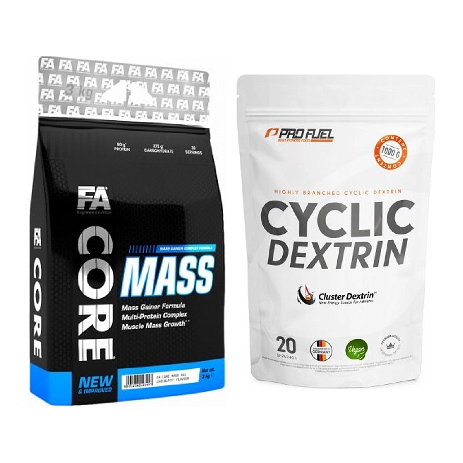 Masse-Duo: FA Nutrition Core Mass + ProFuel Cyclic Dextrin Cluster – alle enthaltenen Artikel