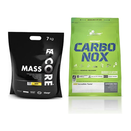 Masse-Duo: FA Nutrition CORE Mass 7kg + Olimp Carbo Nox 1kg Pulver – alle enthaltenen Artikel