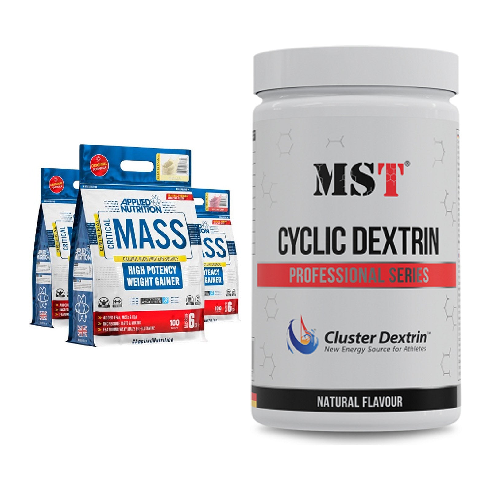Masse-Duo: Applied Nutrition Critical Mass + MST Cluster Dextrin – alle enthaltenen Artikel