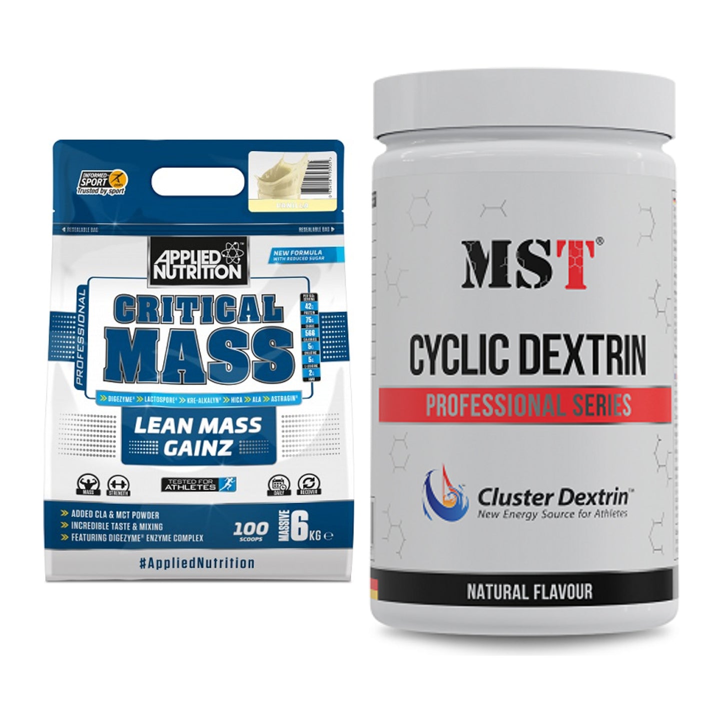 Masse-Duo: Applied Nutrition Critical Mass + MST Cluster Dextrin – alle enthaltenen Artikel