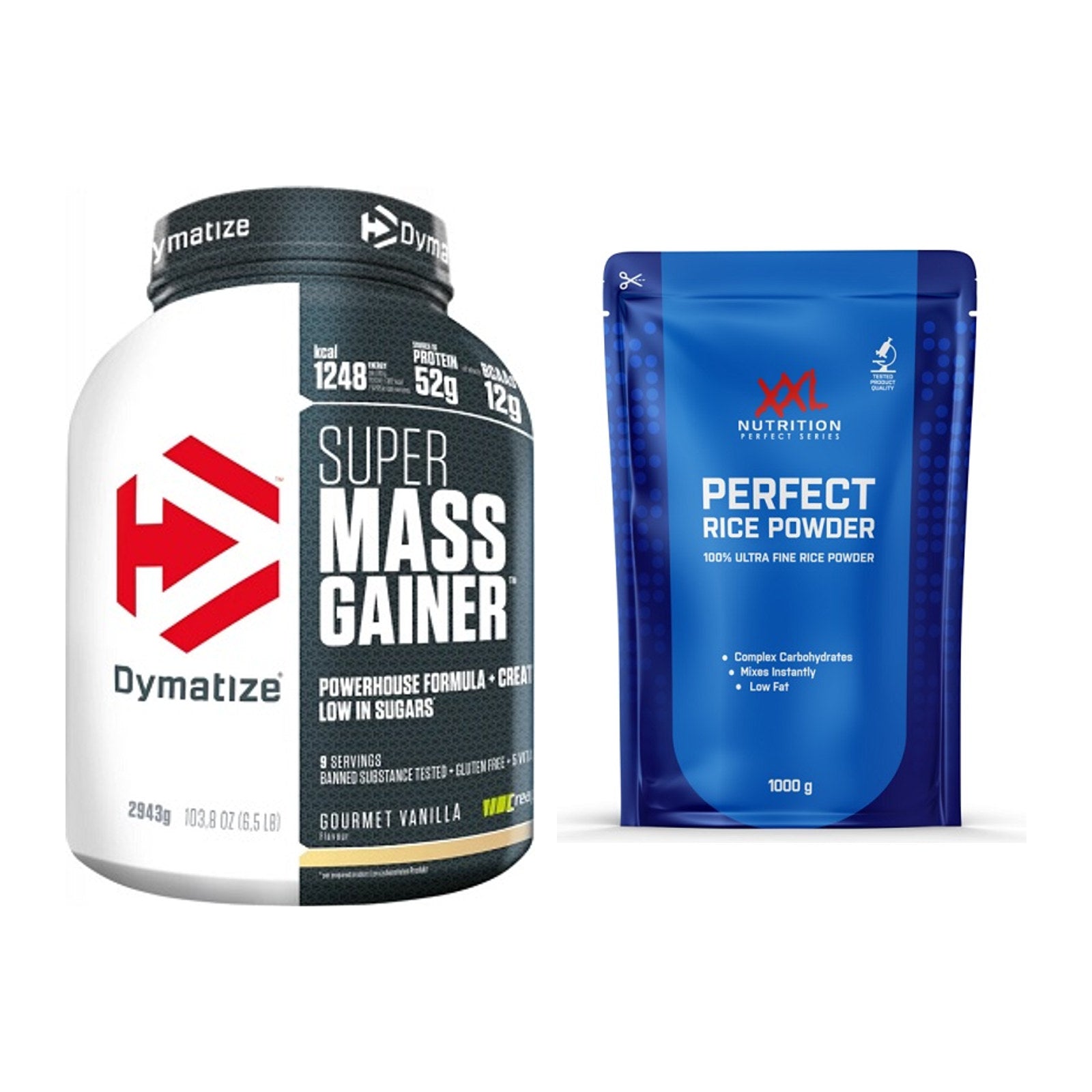 Masse-Duo: Dymatize Super Mass Gainer + XXL Nutrition Perfect Rice – alle enthaltenen Artikel