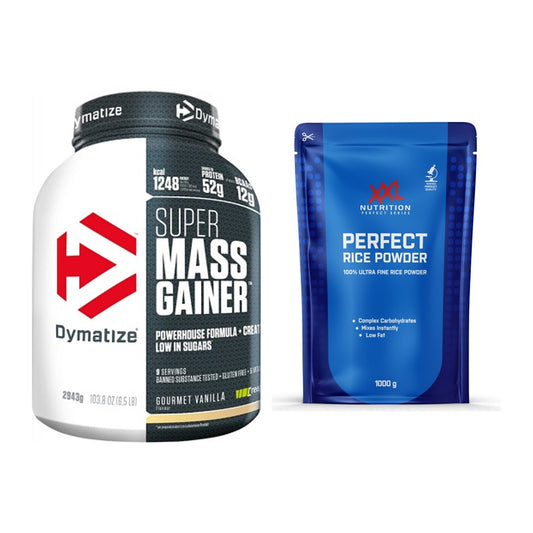 Masse-Duo: Dymatize Super Mass Gainer + XXL Nutrition Perfect Rice – alle enthaltenen Artikel