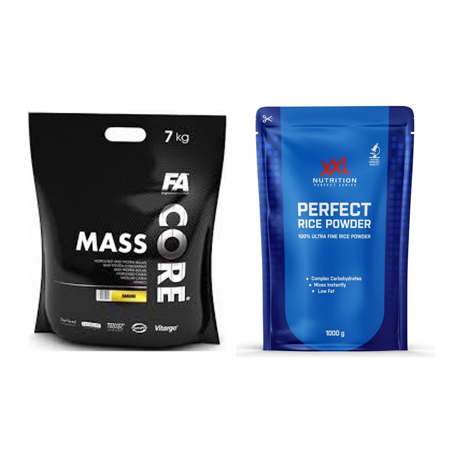 Masse-Duo: FA Nutrition CORE Mass + XXL Nutrition Perfect Rice Powder – alle enthaltenen Artikel