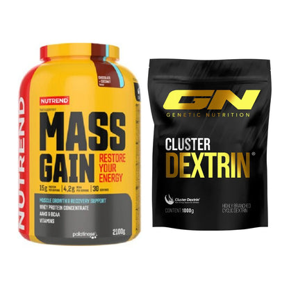 Masse-Duo: Nutrend Mass Gain 2100g (Schoko + GN Cluster Dextrin – alle enthaltenen Artikel