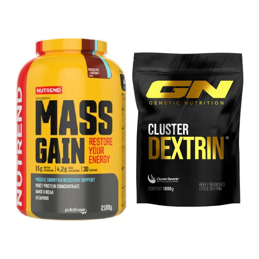 Masse-Duo: Nutrend Mass Gain 2100g (Schoko + GN Cluster Dextrin – alle enthaltenen Artikel