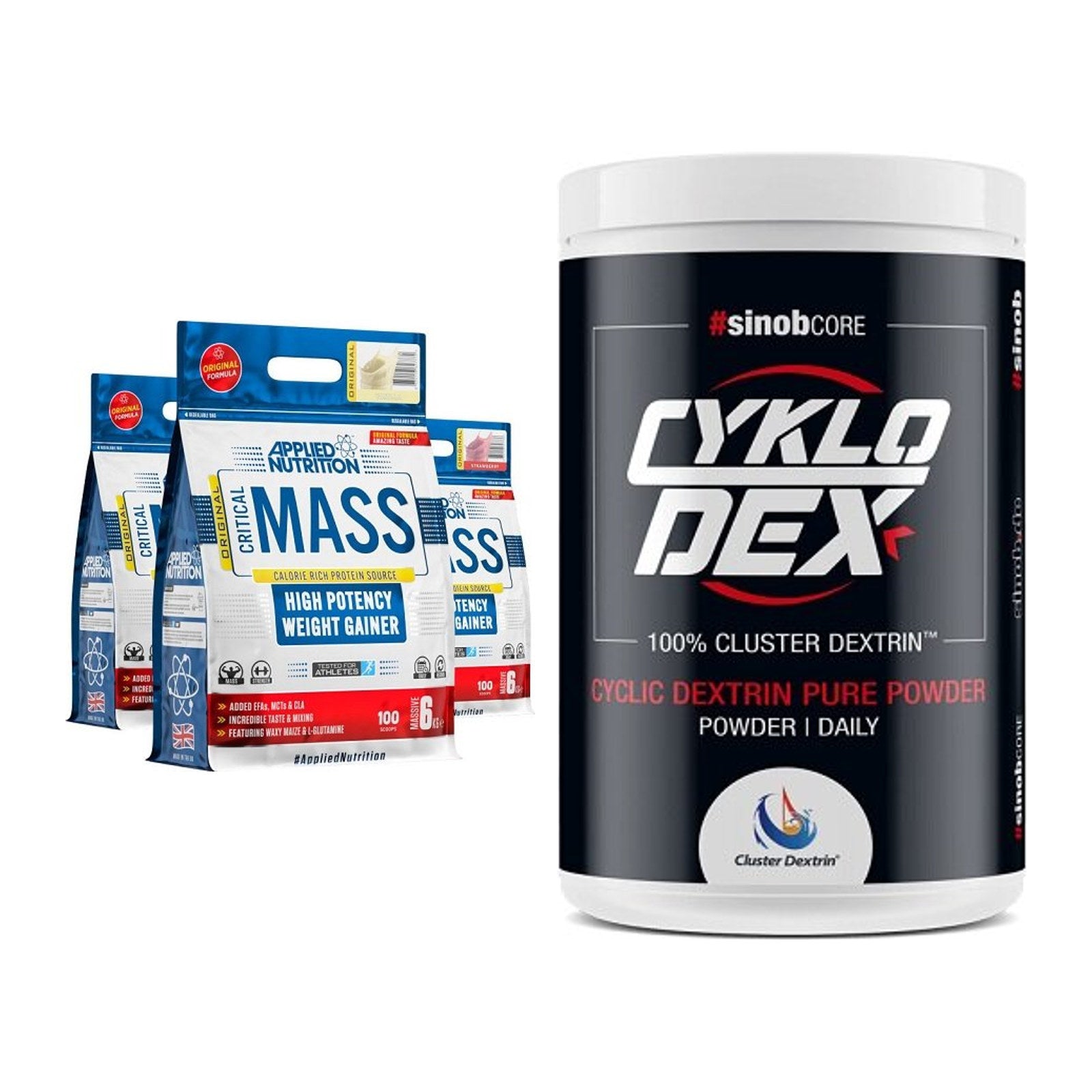 Masse-Duo: Applied Nutrition Critical + Sinob Core CykloDex 1kg – alle enthaltenen Artikel