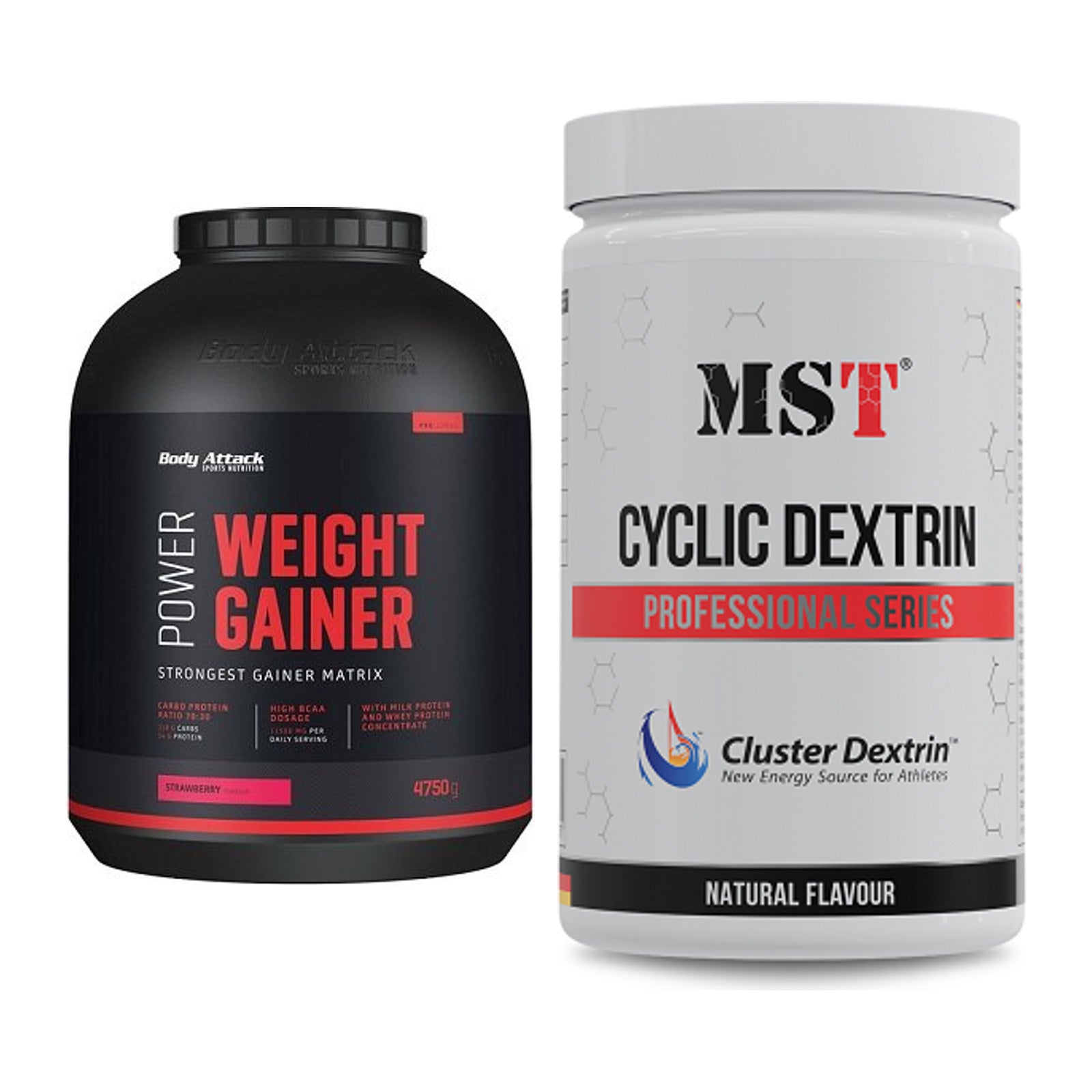 Masse-Duo: Body Attack Power Weight Gainer + MST Cluster Dextrin – alle enthaltenen Artikel
