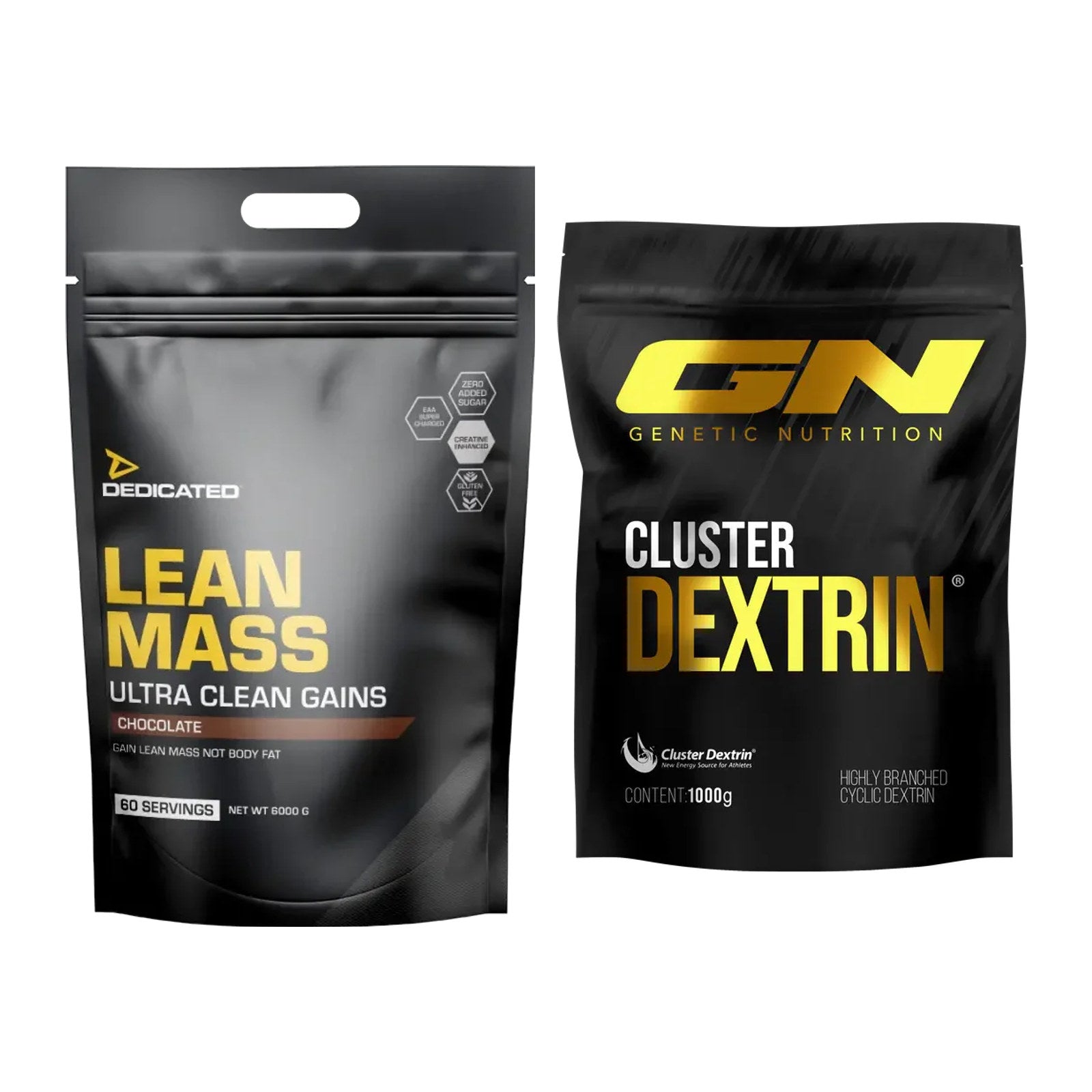 Masse-Duo: Dedicated Lean Mass Gainer 6000g + GN Cluster Dextrin – alle enthaltenen Artikel