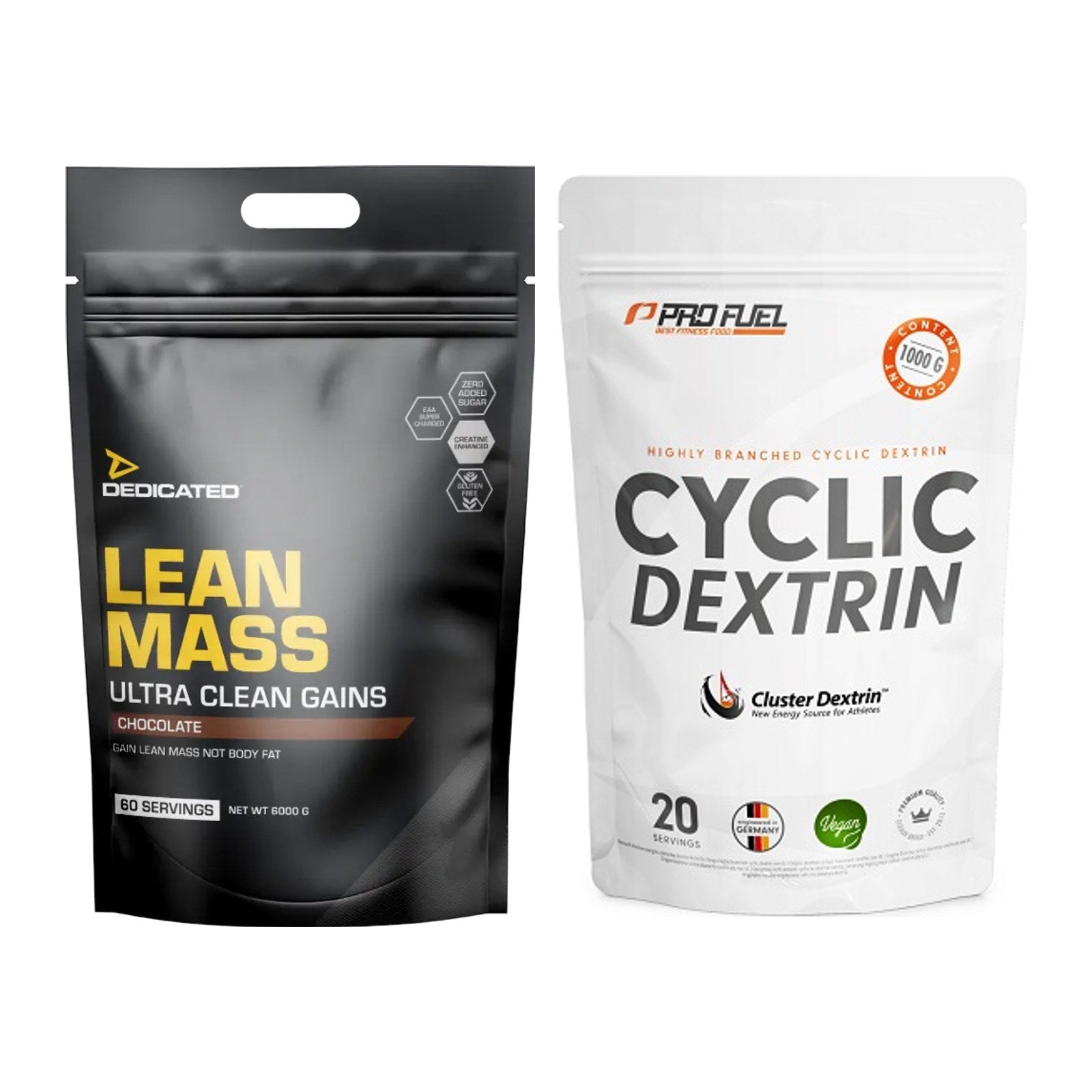 Masse-Duo: Dedicated Lean Mass Gainer + ProFuel Cyclic Dextrin Cluster – alle enthaltenen Artikel