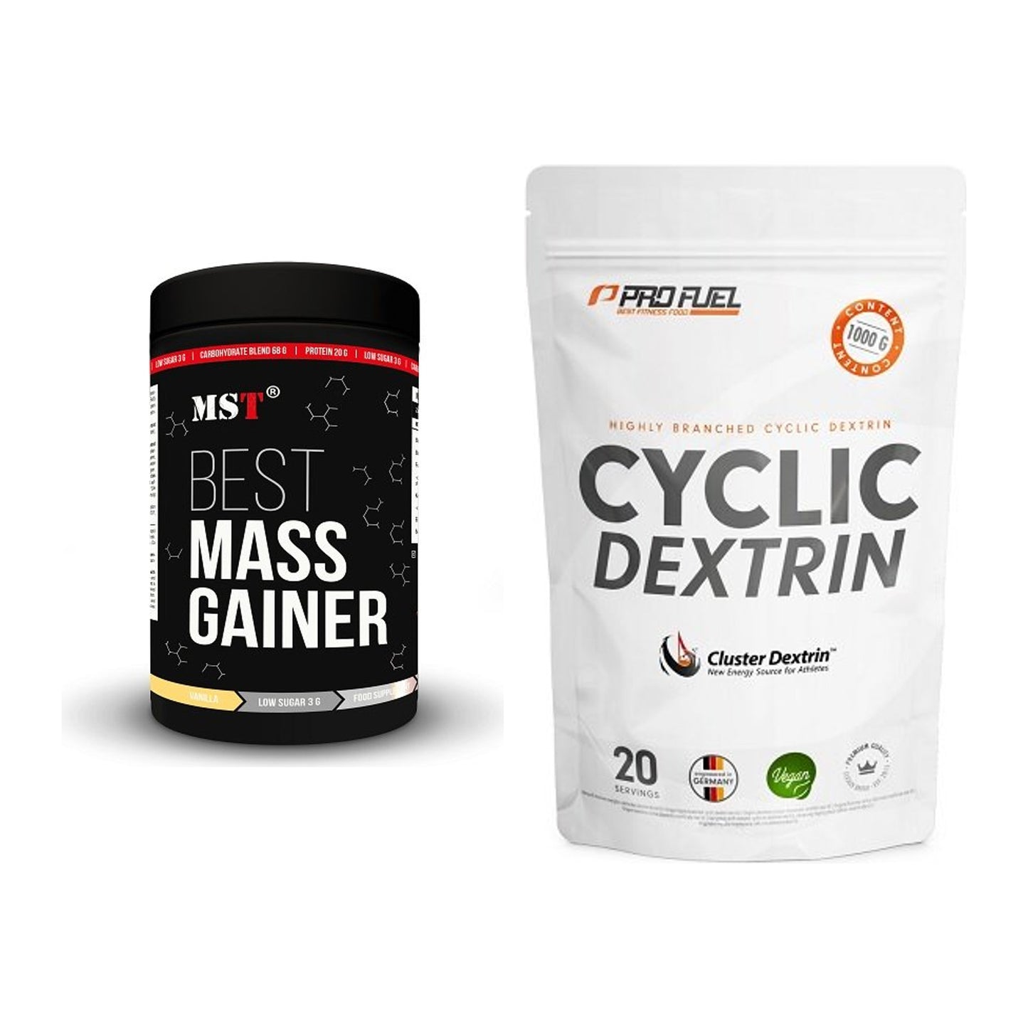 Masse-Duo: MST Best Mass Gainer 1000g + ProFuel Cyclic Dextrin Cluster – alle enthaltenen Artikel