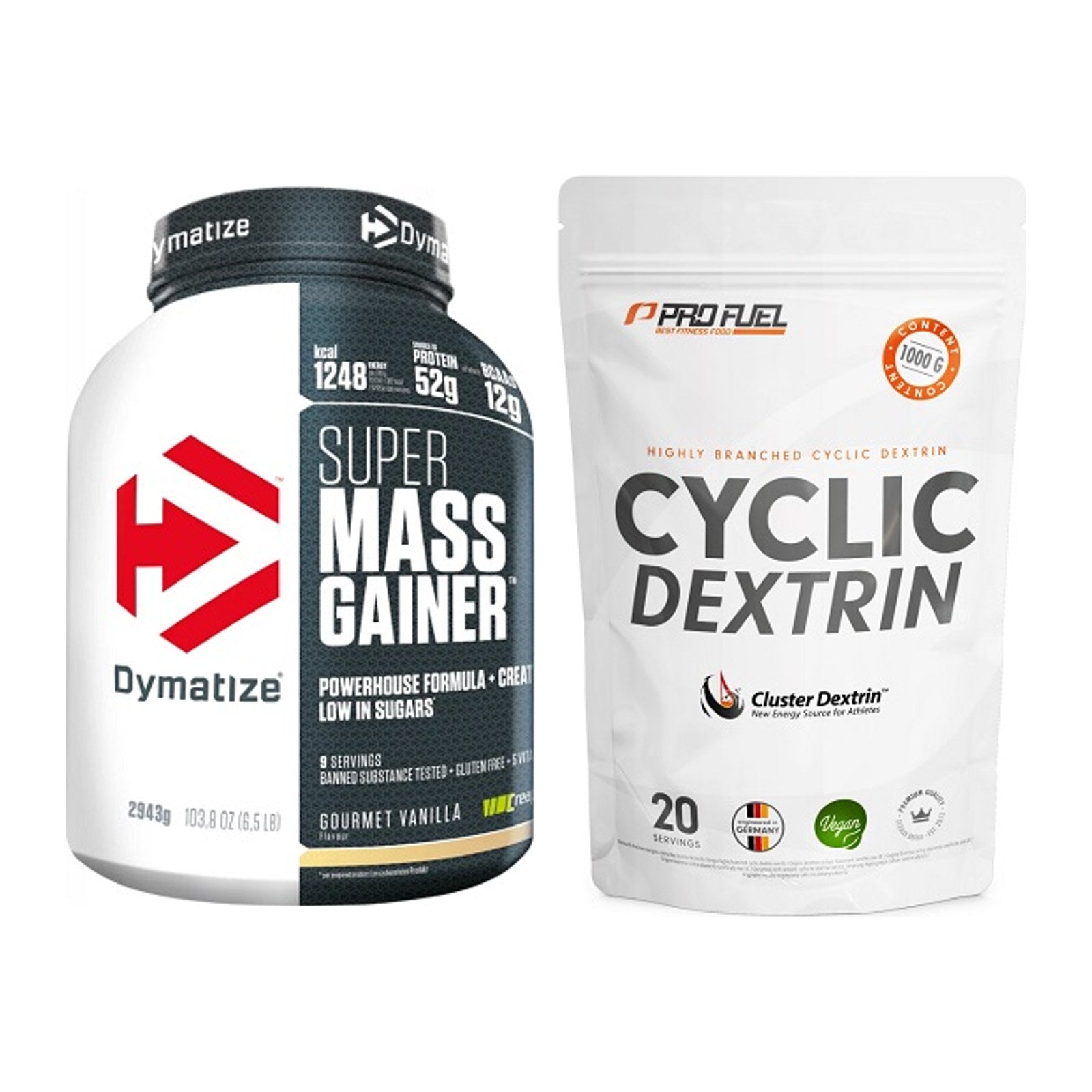 Masse-Duo: Dymatize Super Mass Gainer + ProFuel Cyclic Dextrin Cluster – alle enthaltenen Artikel