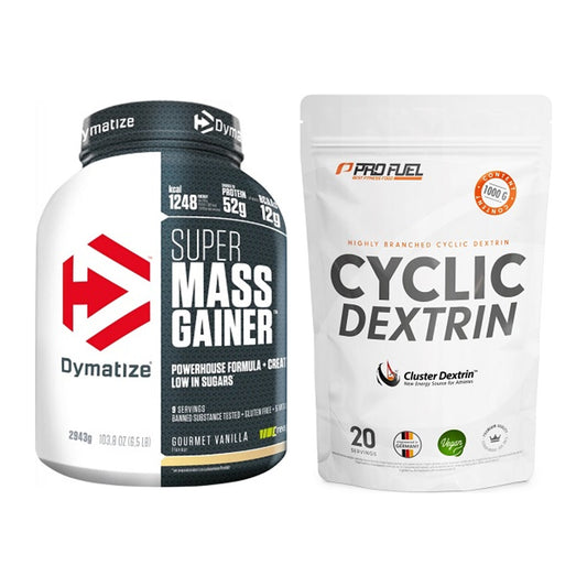 Masse-Duo: Dymatize Super Mass Gainer + ProFuel Cyclic Dextrin Cluster – alle enthaltenen Artikel