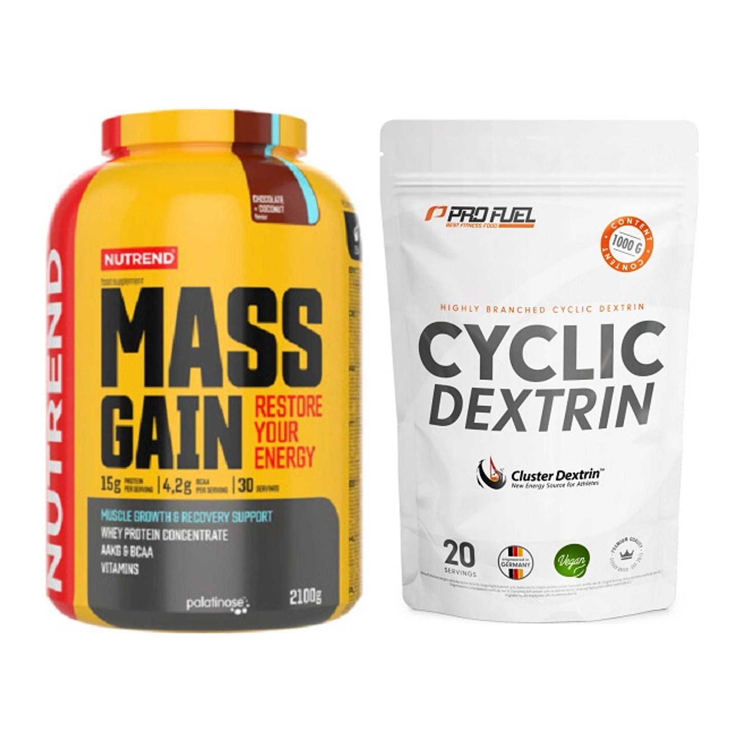 Masse-Duo: Nutrend Mass Gain + ProFuel Cyclic Dextrin Cluster – alle enthaltenen Artikel