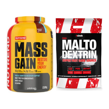 Masse-Duo: Nutrend Mass Gain 2100g (Schoko + Sinob Maltodextrin – alle enthaltenen Artikel