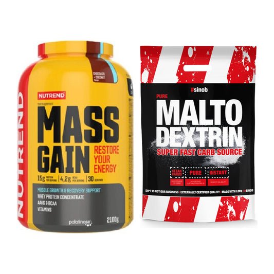 Mass duo: Nutrend Mass Gain 2100 g (čokolada + sinob maltodekstrin – sve stavke uključene