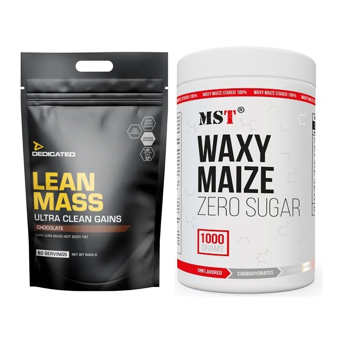 Masse-Duo: Dedicated Lean Mass Gainer 6000g + MST WAXY MAIZE – alle enthaltenen Artikel