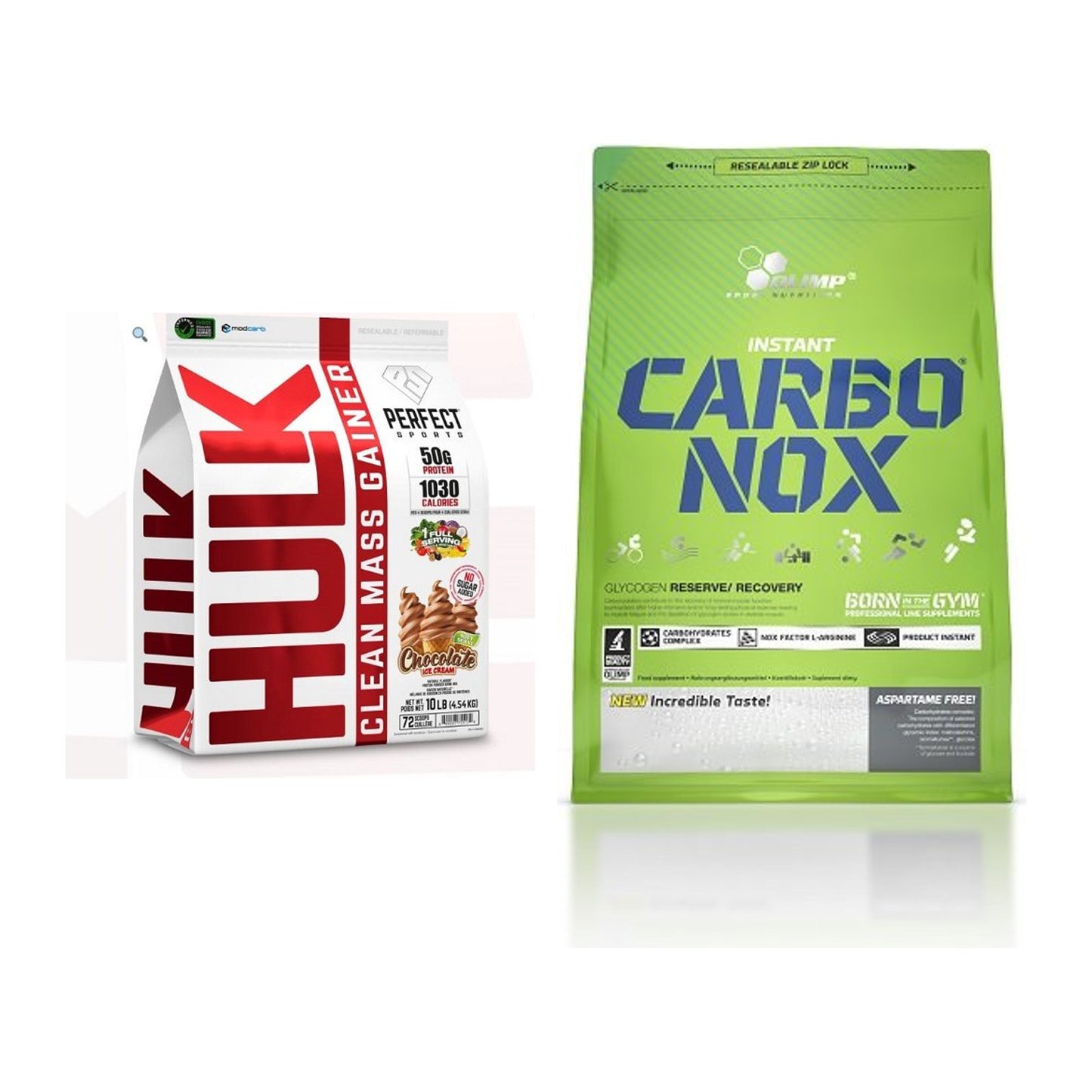 Masse-Duo: Perfect Sports Hulk Clean Mass + Olimp Carbo Nox 1kg Pulver – alle enthaltenen Artikel