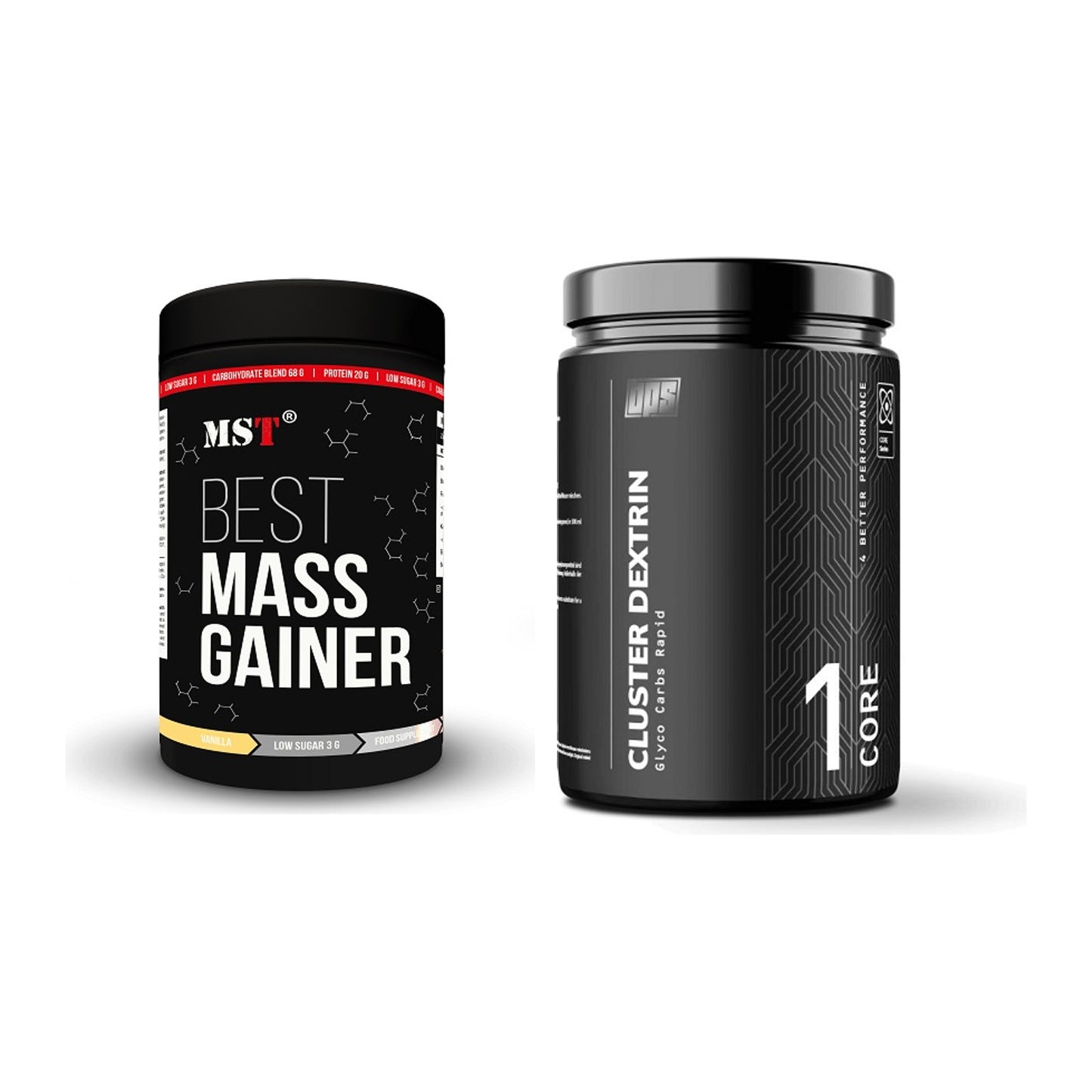 Masse-Duo: MST Best Mass Gainer + BPS-Pharma Glyco Carbs Rapid 100% – alle enthaltenen Artikel