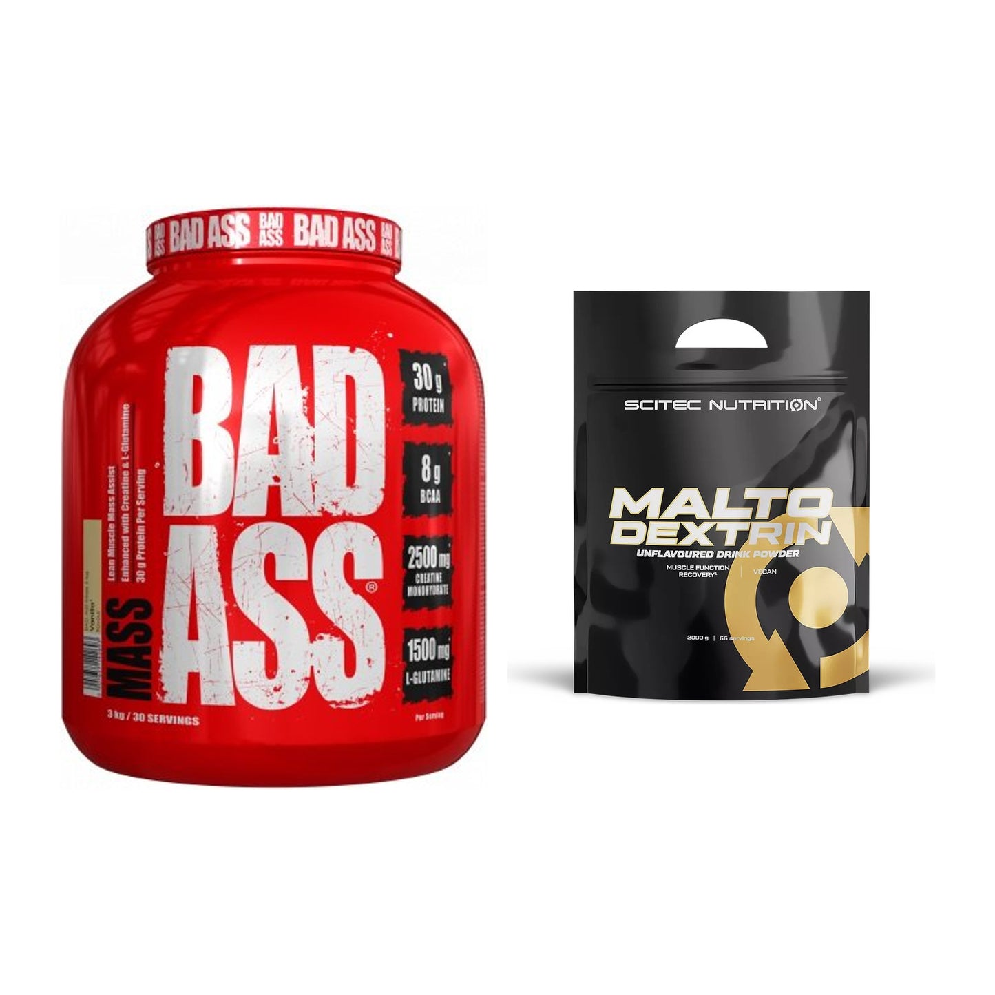 Masse-Duo: BAD ASS MASS 3kg (Vanilla) + Scitec Maltodextrin 2000g – alle enthaltenen Artikel