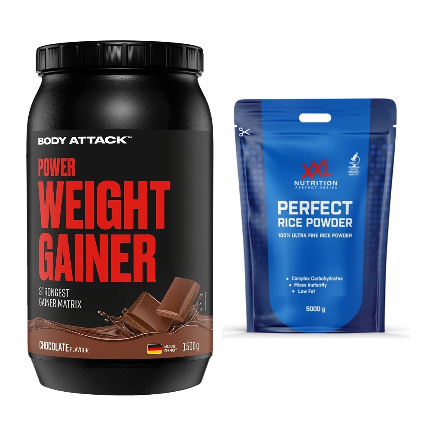 Masse-Duo: Body Attack Power Weight + XXL Nutrition Perfect Rice – alle enthaltenen Artikel