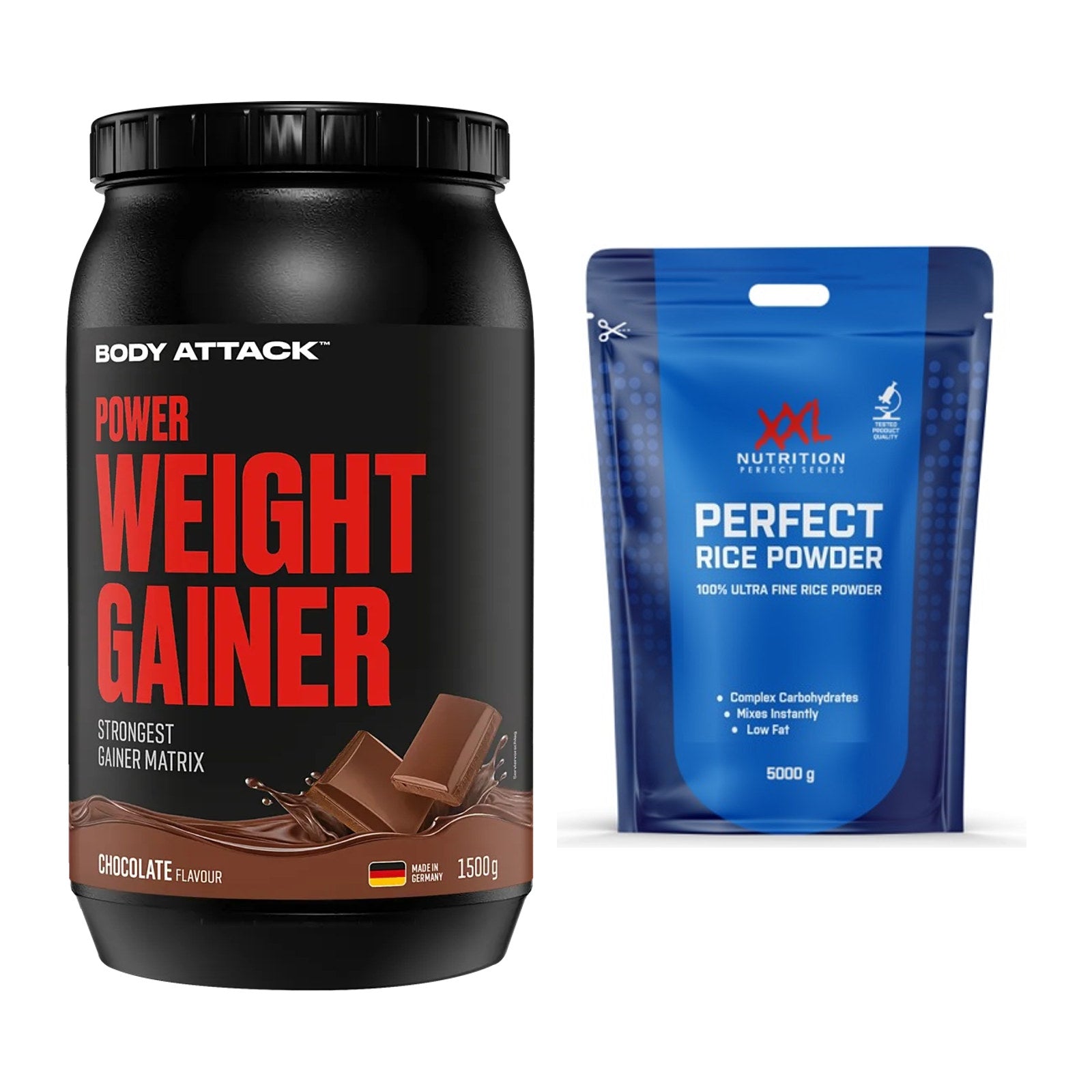 Masse-Duo: Body Attack Power Weight + XXL Nutrition Perfect Rice – alle enthaltenen Artikel
