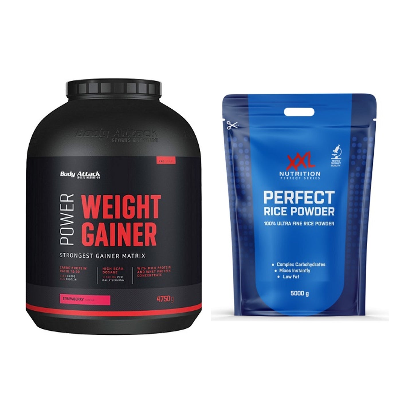 Masse-Duo: Body Attack Power Weight + XXL Nutrition Perfect Rice – alle enthaltenen Artikel