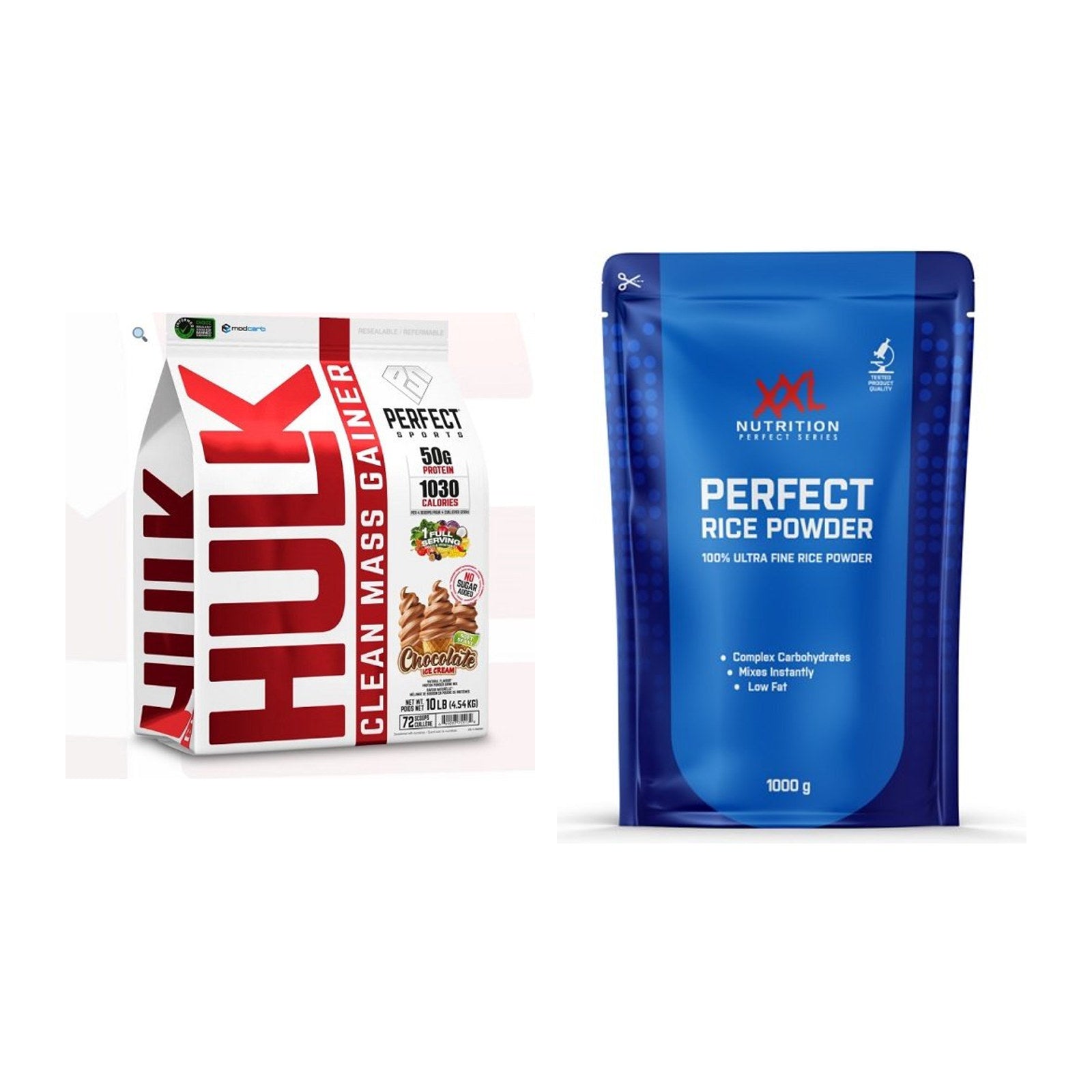 Masse-Duo: Perfect Sports Hulk Clean + XXL Nutrition Perfect Rice – alle enthaltenen Artikel