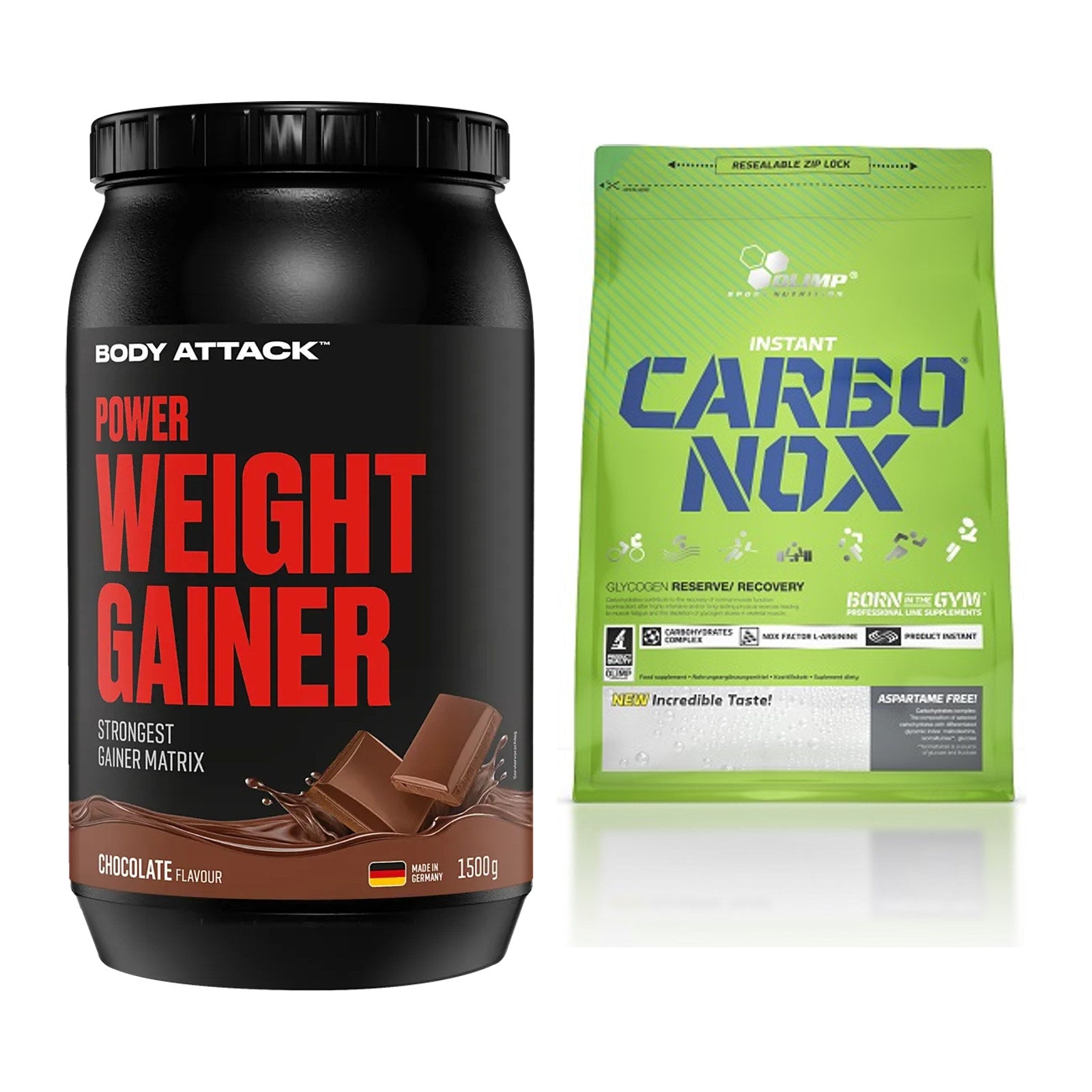 Masse-Duo: Body Attack Power Weight + Olimp Carbo Nox 1kg Pulver – alle enthaltenen Artikel