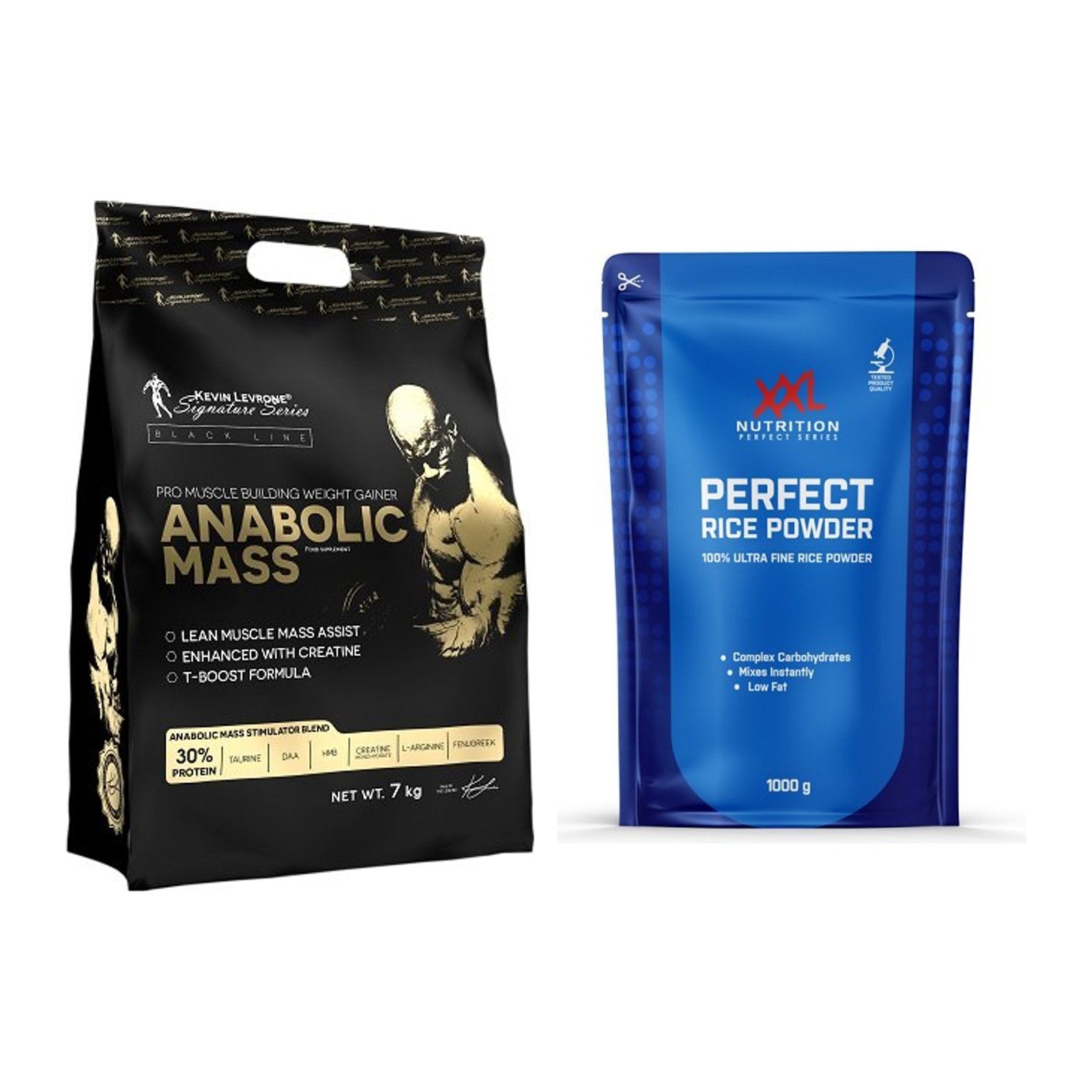 Masse-Duo: Kevin Levrone Anabolic Mass + XXL Nutrition Perfect Rice – alle enthaltenen Artikel