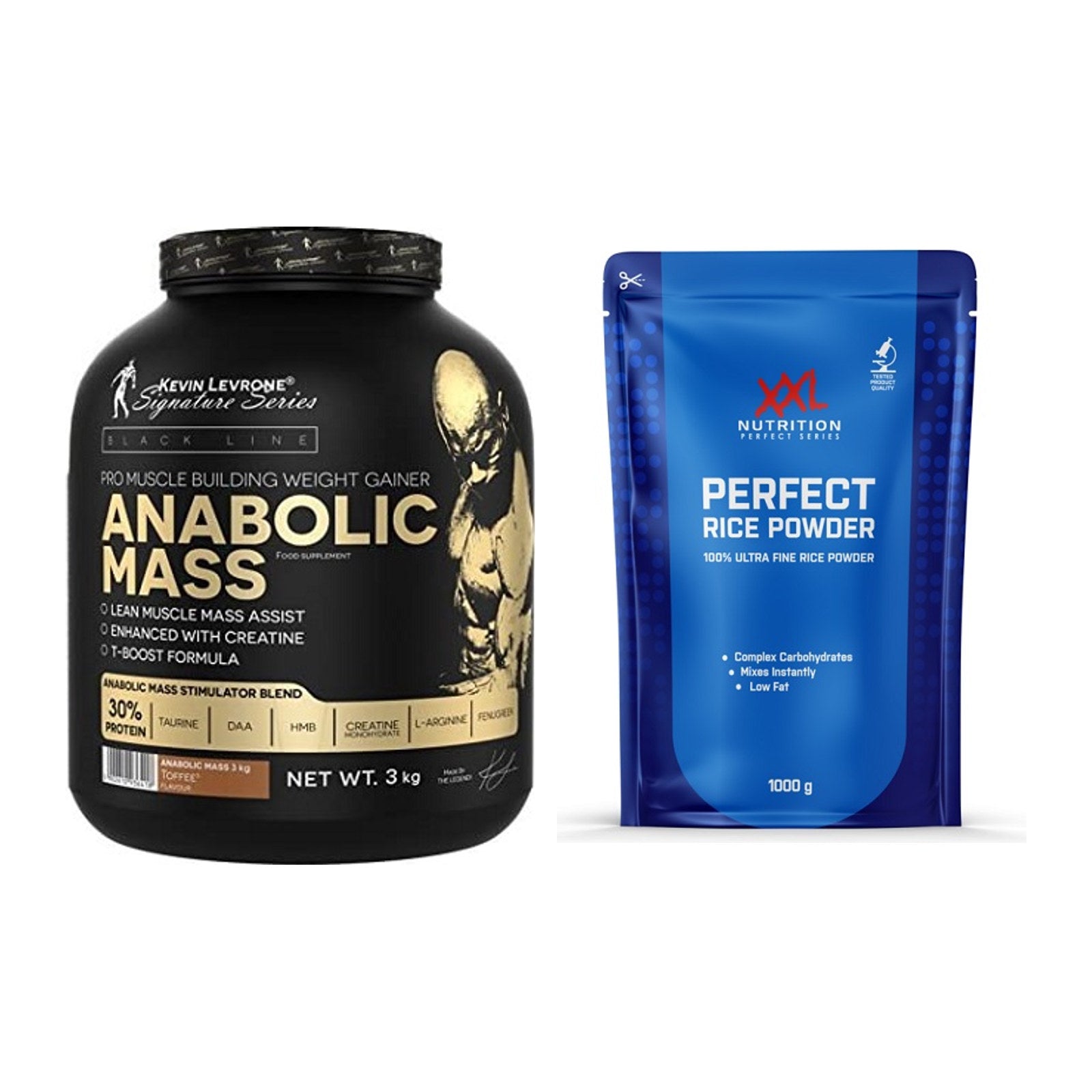 Masse-Duo: Kevin Levrone Anabolic Mass + XXL Nutrition Perfect Rice – alle enthaltenen Artikel