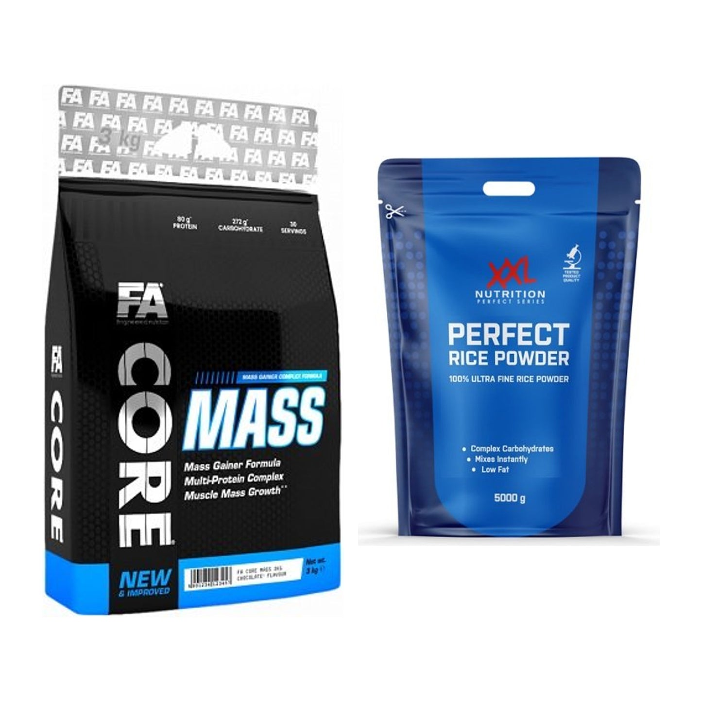 Masse-Duo: FA Nutrition Core Mass + XXL Nutrition Perfect Rice Powder – alle enthaltenen Artikel