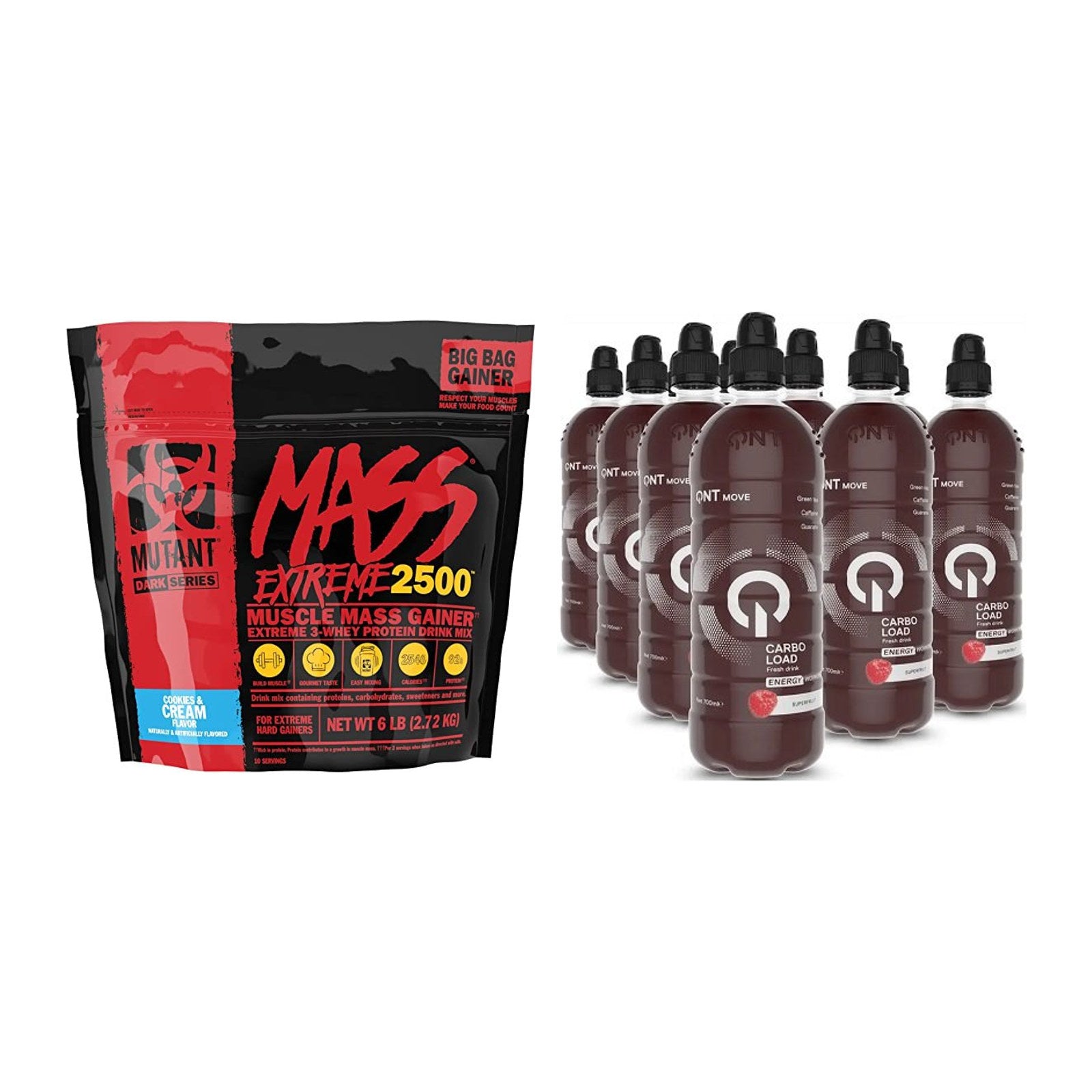 Masse-Duo: Mutant Mass XXXTREME 2500 + QNT Carbo Load 12x700ml – alle enthaltenen Artikel