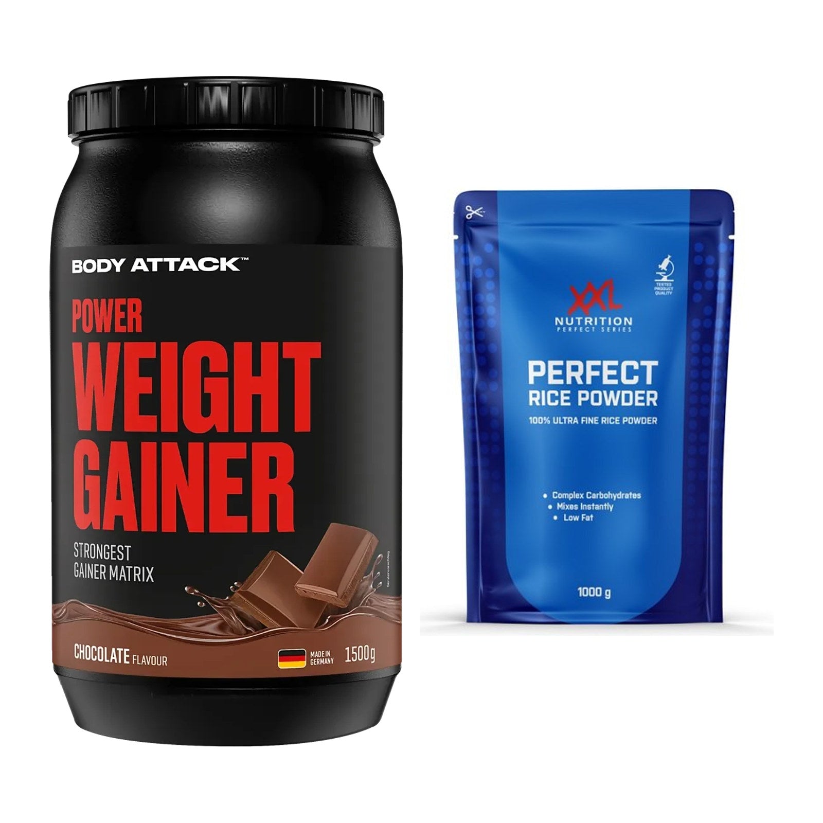 Masse-Duo: Body Attack Power Weight + XXL Nutrition Perfect Rice – alle enthaltenen Artikel