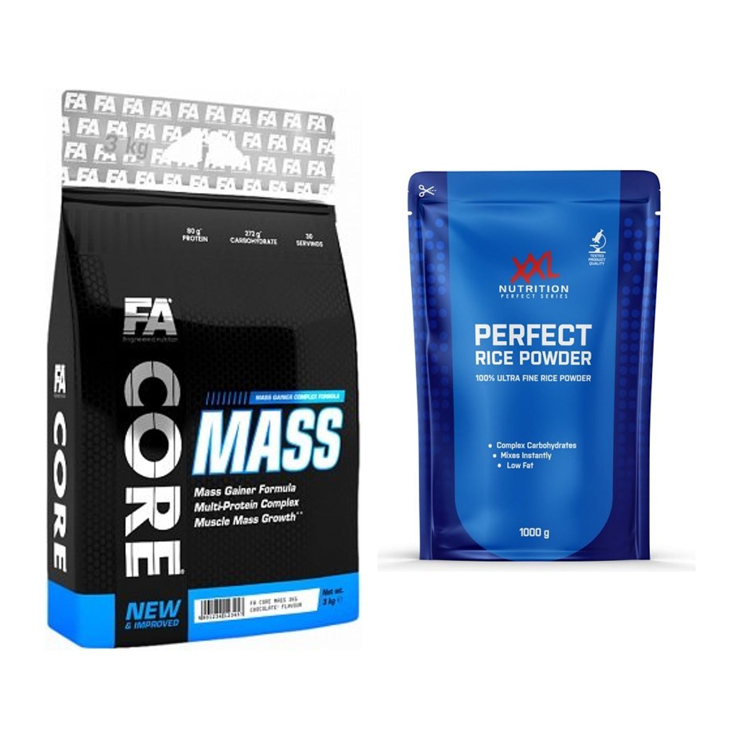 Masse-Duo: FA Nutrition Core Mass + XXL Nutrition Perfect Rice Powder – alle enthaltenen Artikel