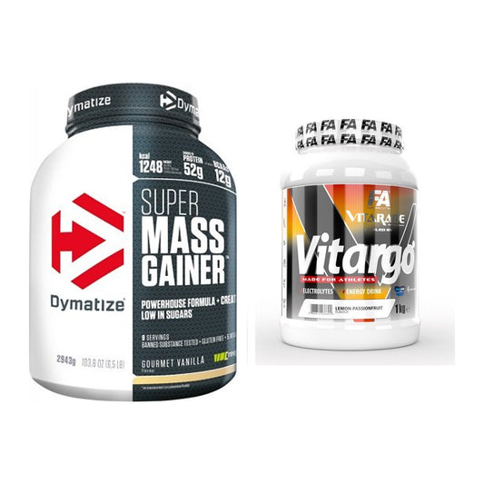 Mass Duo: Dymatize Super Mass Gainer + FA Vitarade Vitargo 1000g – alle items inbegrepen