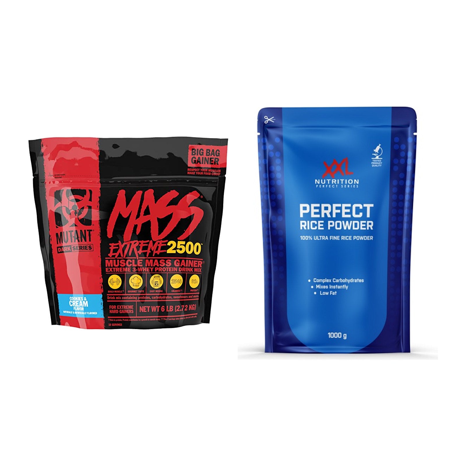 Masse-Duo: Mutant Mass XXXTREME 2500 + XXL Nutrition Perfect Rice – alle enthaltenen Artikel