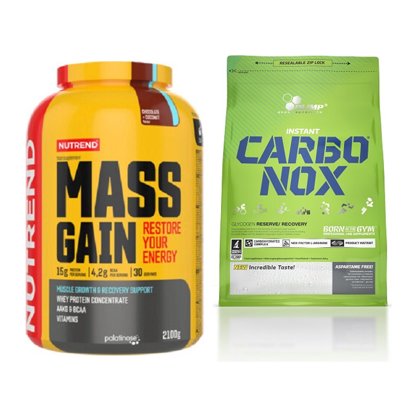 Masse-Duo: Nutrend Mass Gain + Olimp Carbo Nox 1kg Pulver – alle enthaltenen Artikel